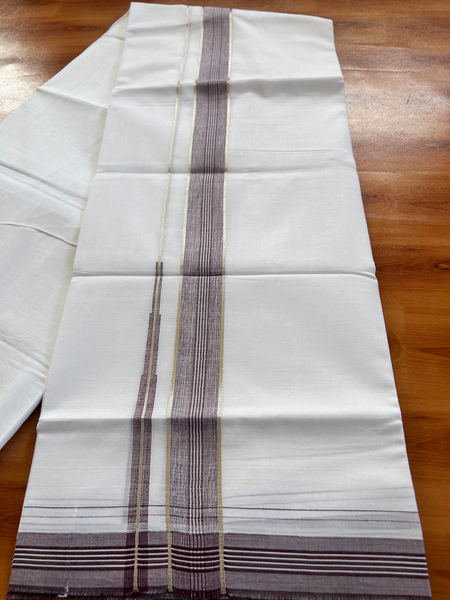 Pure white Double Mundu/Dhoti - 20% Discount! KaithariKada 100% Cotton - 100X80 - 1.25 inch Silver Kasav Grape Wine Shaded Stripes Chutty Kara - 3.90 mtr (8.5 muzham) - 9 KK5448 VIN