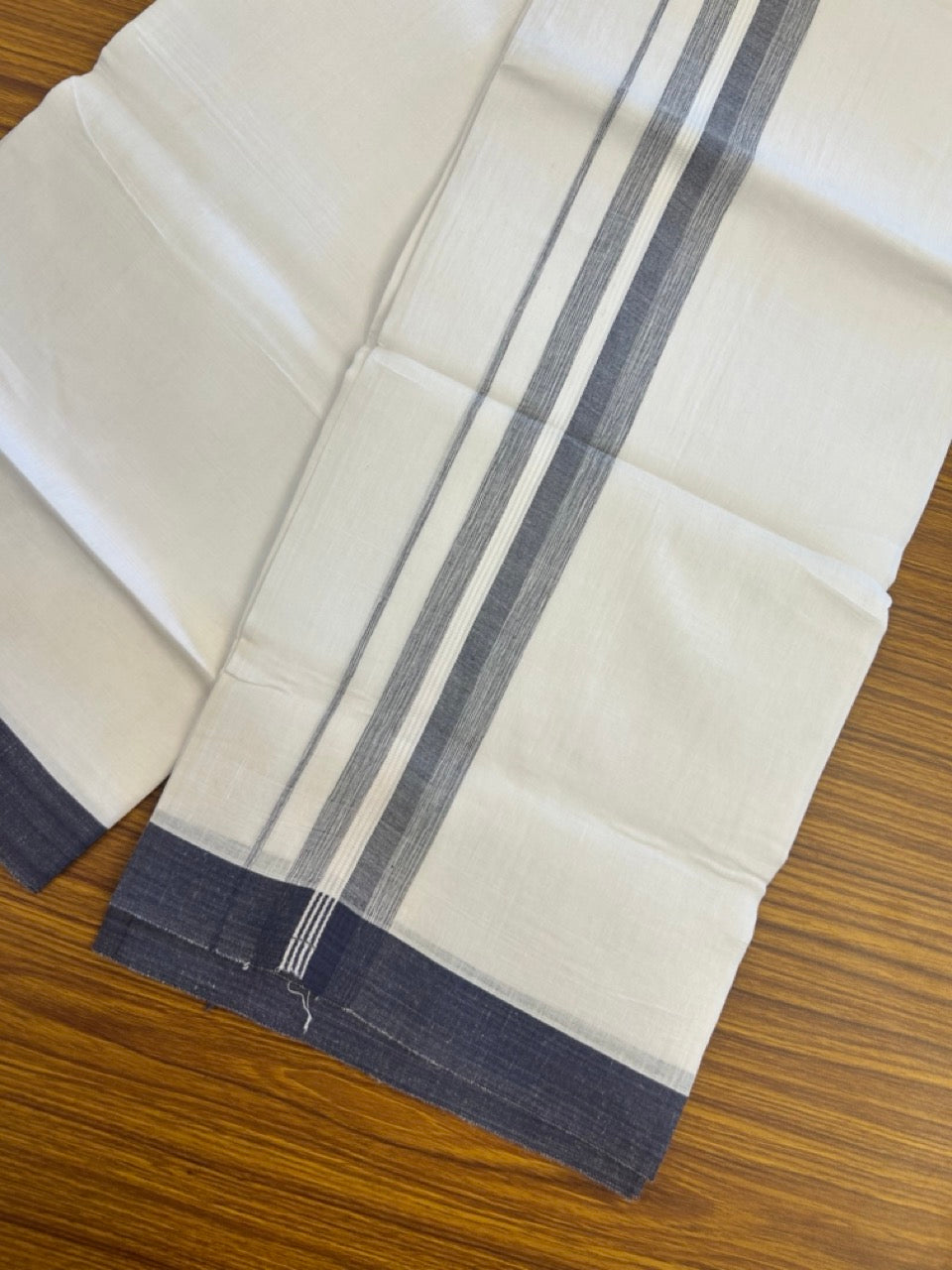 Linen Dhoti New! 20% Discount from Kaitharikada.com - Double Mundu/Dhoti 80x90 Thread Pure White - Pure Cotton + Linen - 1.75 Inch Navy Blue Stripes Shaded Kara 4 mtr (8.5 muzham) - 20 KK5299 THI