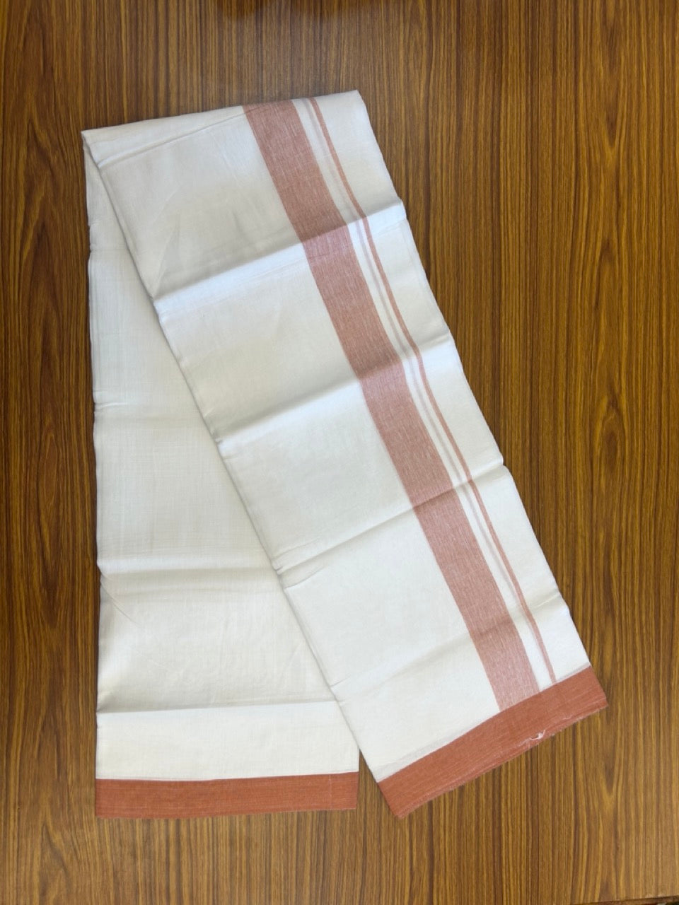 Linen Dhoti New! 20% Discount from Kaitharikada.com - Double Mundu/Dhoti 80x90 Thread Pure White - Pure Cotton + Linen - 1.75 Inch Rust Orange Shaded Kara 4 mtr (8.5 muzham) - 16 KK5299 THI