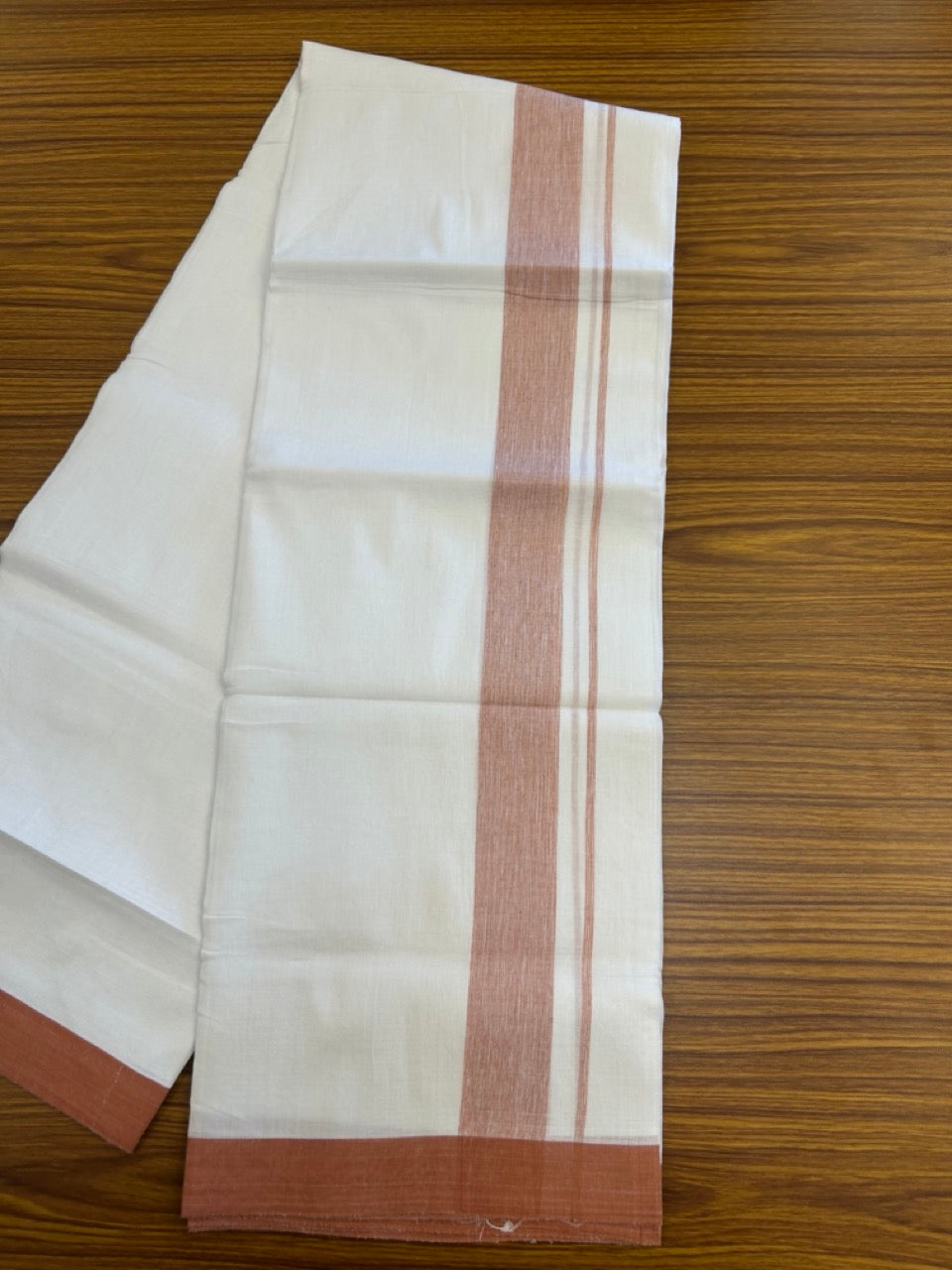 Linen Dhoti New! 20% Discount from Kaitharikada.com - Double Mundu/Dhoti 80x90 Thread Pure White - Pure Cotton + Linen - 1.75 Inch Rust Orange Shaded Kara 4 mtr (8.5 muzham) - 16 KK5299 THI