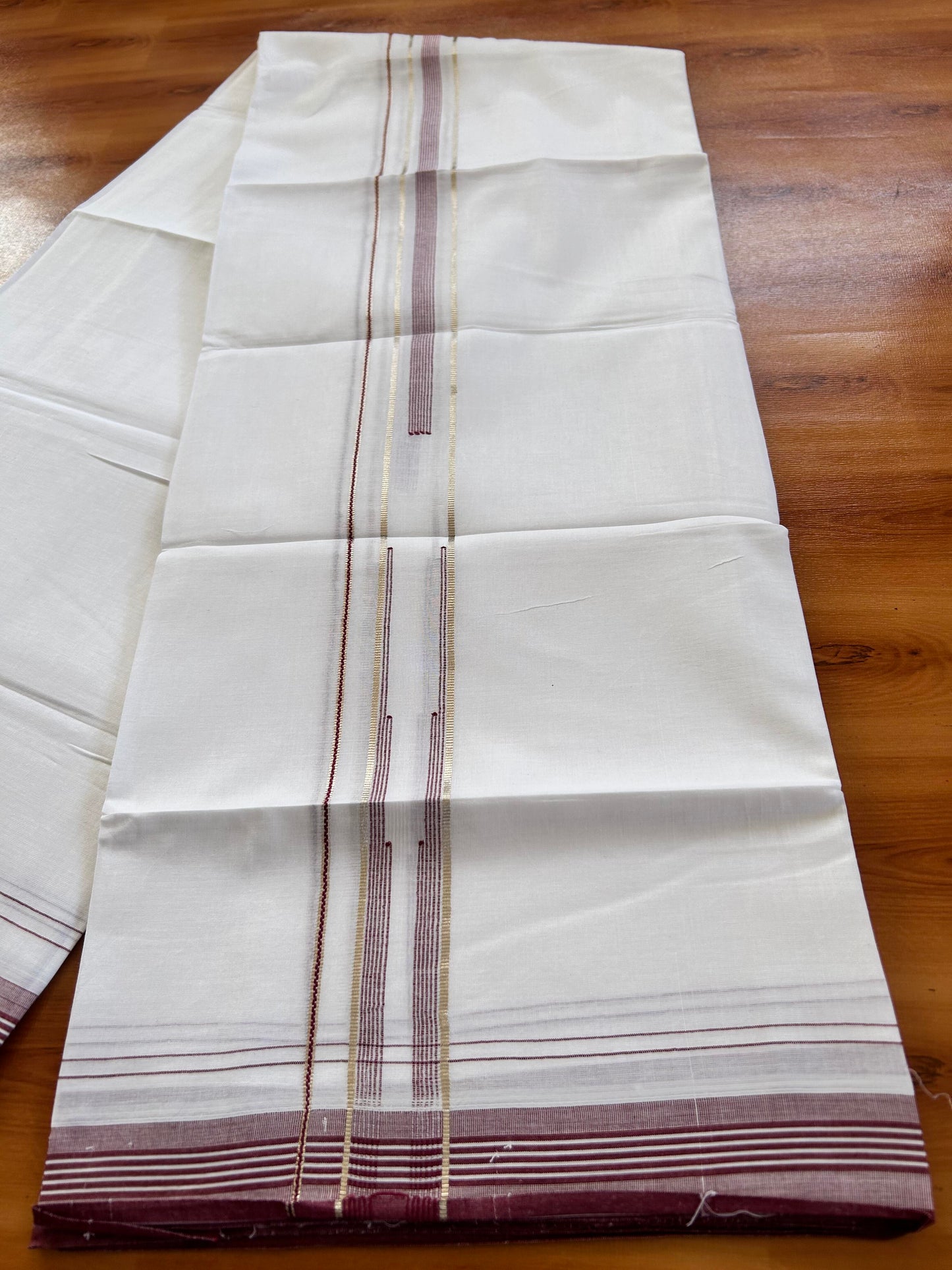 Pure white Double Mundu/Dhoti - 20% Discount! KaithariKada 100% Cotton - 100X80 - 1 inch Silver Kasav Maroon Stripes Chutty Kara - 3.90 mtr (8.5 muzham) - 10 KK5448 VIN