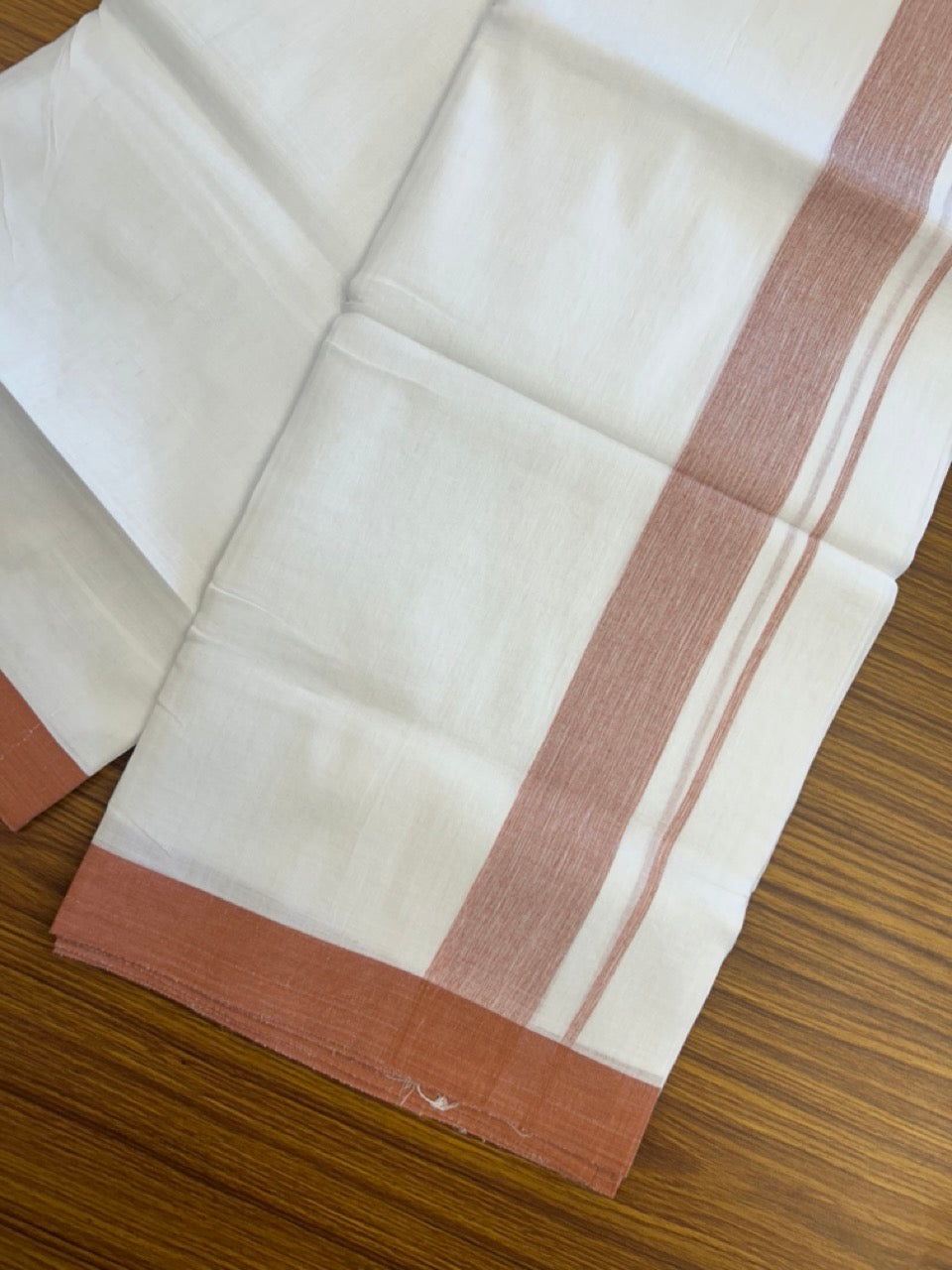 Linen Dhoti New! 20% Discount from Kaitharikada.com - Double Mundu/Dhoti 80x90 Thread Pure White - Pure Cotton + Linen - 1.75 Inch Rust Orange Shaded Kara 4 mtr (8.5 muzham) - 16 KK5299 THI