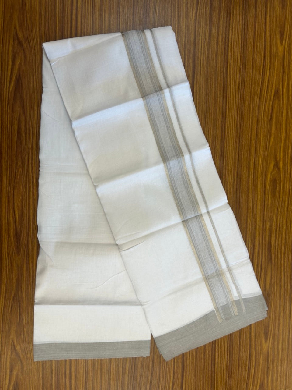 Linen Dhoti New! 20% Discount from Kaitharikada.com - Double Mundu/Dhoti 80x90 Thread Pure White - Pure Cotton + Linen - 1.75 Inch Grey & Silver kasav Striped Kara 4 mtr (8.5 muzham) - 1 KK5299 THI