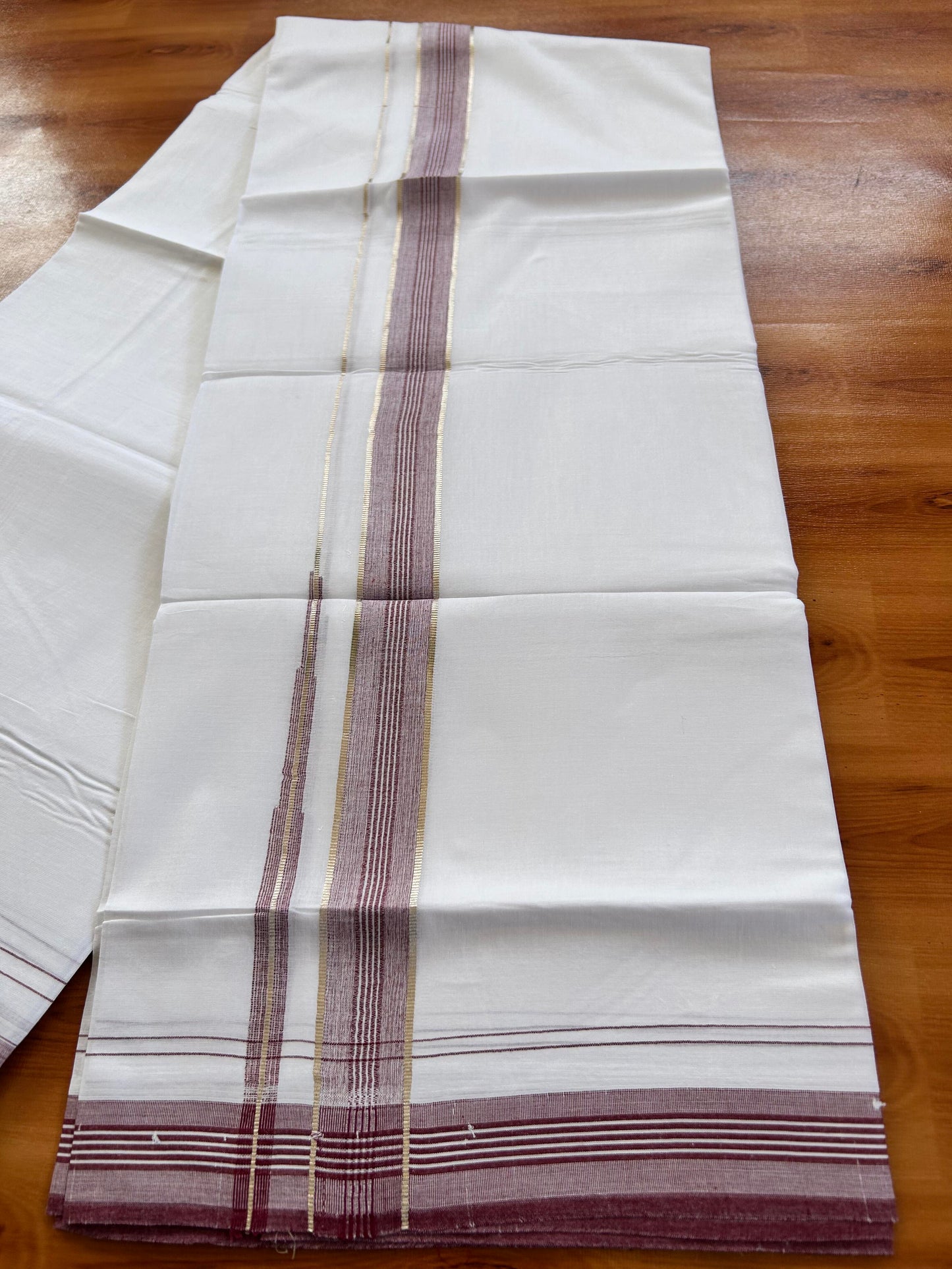 Pure white Double Mundu/Dhoti - 20% Discount! KaithariKada 100% Cotton - 100X80 - 1.25 inch Silver Kasav Maroon Shaded Stripes Chutty Kara - 3.90 mtr (8.5 muzham) - 11 KK5448 VIN