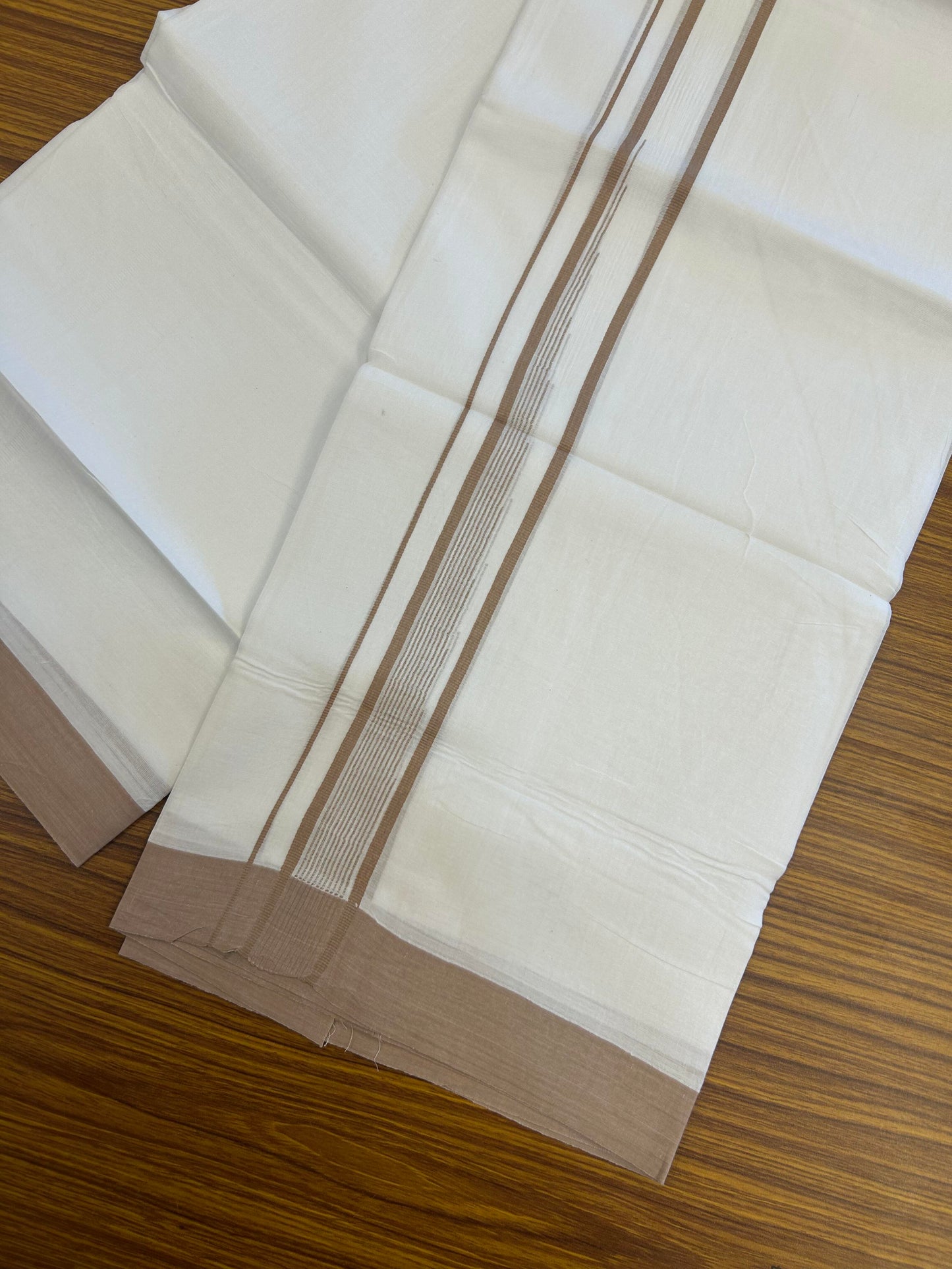 20% Discount ! Kaitharikada Balaramapuram 100% Pure Cotton Double Pure White Mundu/Dhoti - 100x80 - 1.25 inch Light Brown shaded striped chutty 3.90 mtr (8.5 muzham) - 113 KK5361 PMC