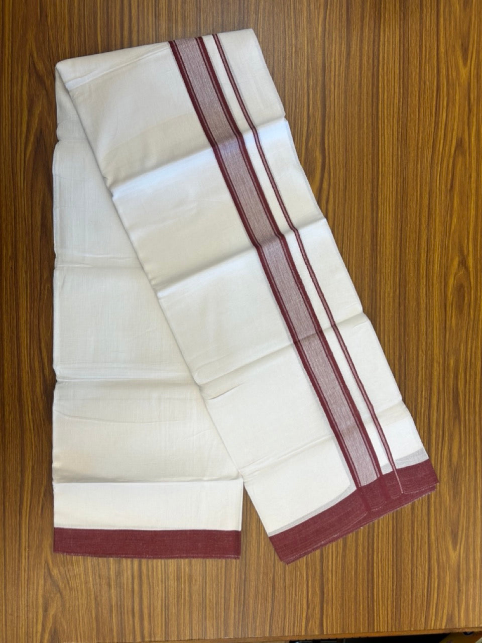 Linen Dhoti New! 20% Discount from Kaitharikada.com - Double Mundu/Dhoti 80x90 Thread Pure White - Pure Cotton + Linen - 1.75 Inch Maroon Stripes Shaded Kara 4 mtr (8.5 muzham) - 19 KK5299 THI