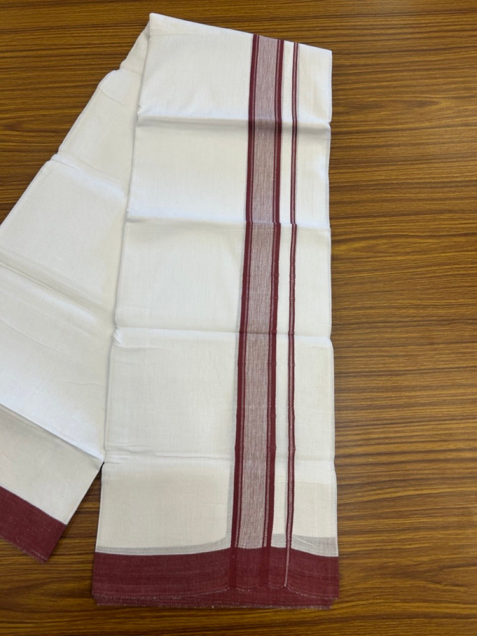 Linen Dhoti New! 20% Discount from Kaitharikada.com - Double Mundu/Dhoti 80x90 Thread Pure White - Pure Cotton + Linen - 1.75 Inch Maroon Stripes Shaded Kara 4 mtr (8.5 muzham) - 19 KK5299 THI