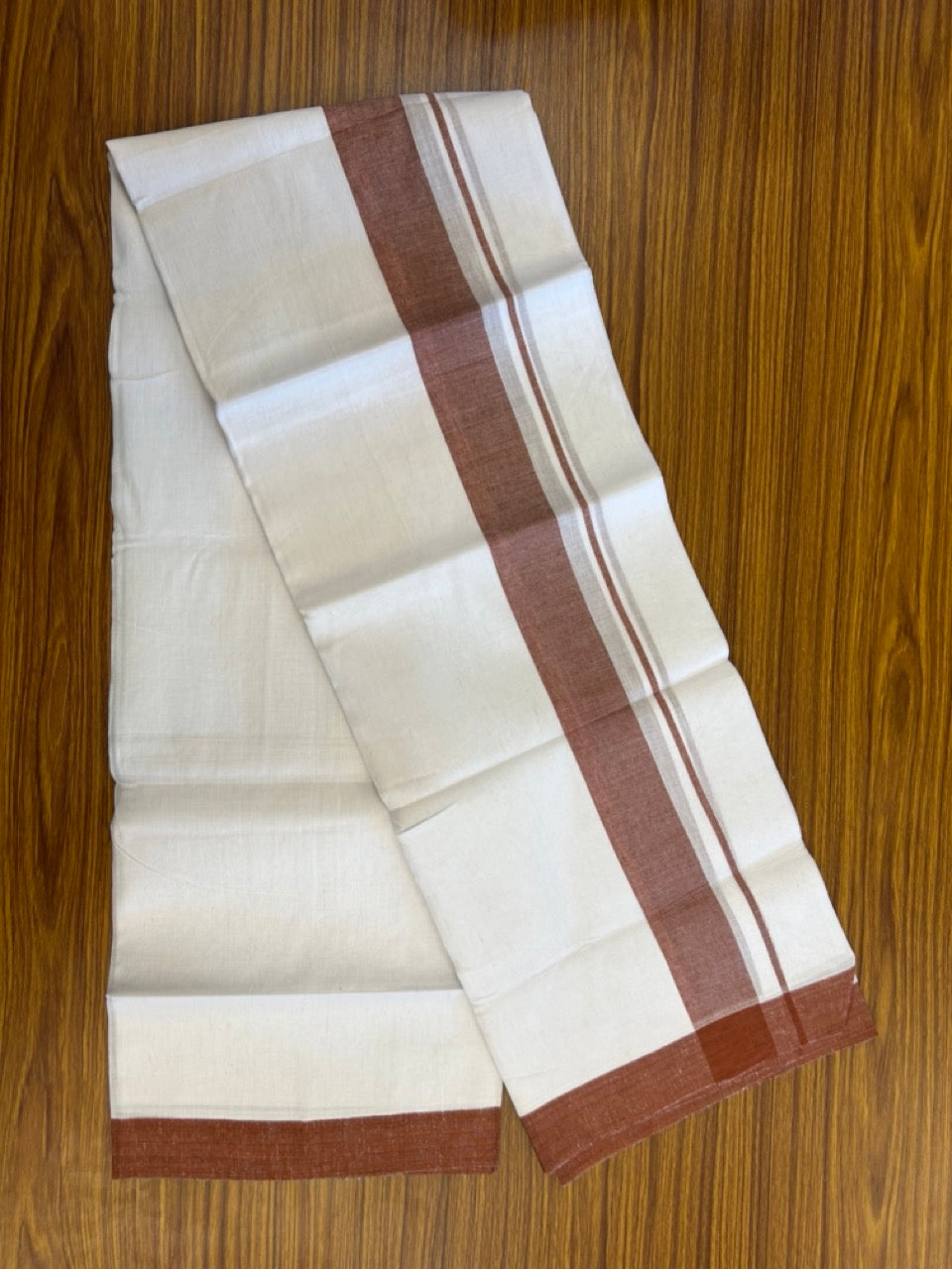 Linen Dhoti New! 20% Discount from Kaitharikada.com - Double Mundu/Dhoti 80x90 Thread Pure White - Pure Cotton + Linen - 1.75 Inch Brown Red Shaded Kara 4 mtr (8.5 muzham) - 17 KK5299 THI
