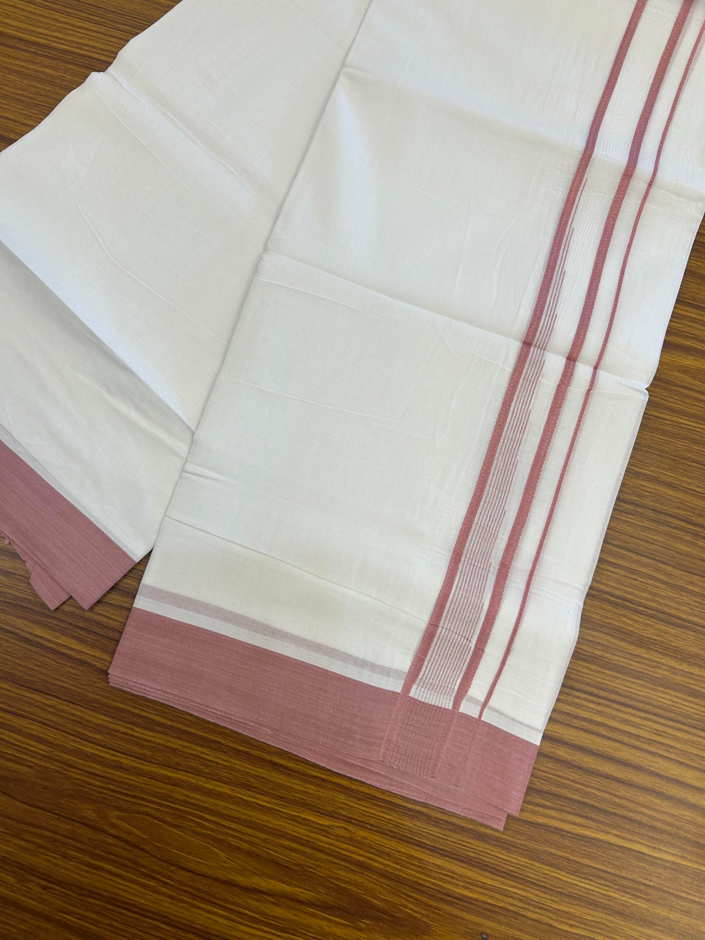 20% Discount ! Kaitharikada Balaramapuram 100% Pure Cotton Double Pure White Mundu/Dhoti - 100x80 - 1.25 inch Dusty Rose shaded striped chutty 3.90 mtr (8.5 muzham) - 108 KK5361 PMC
