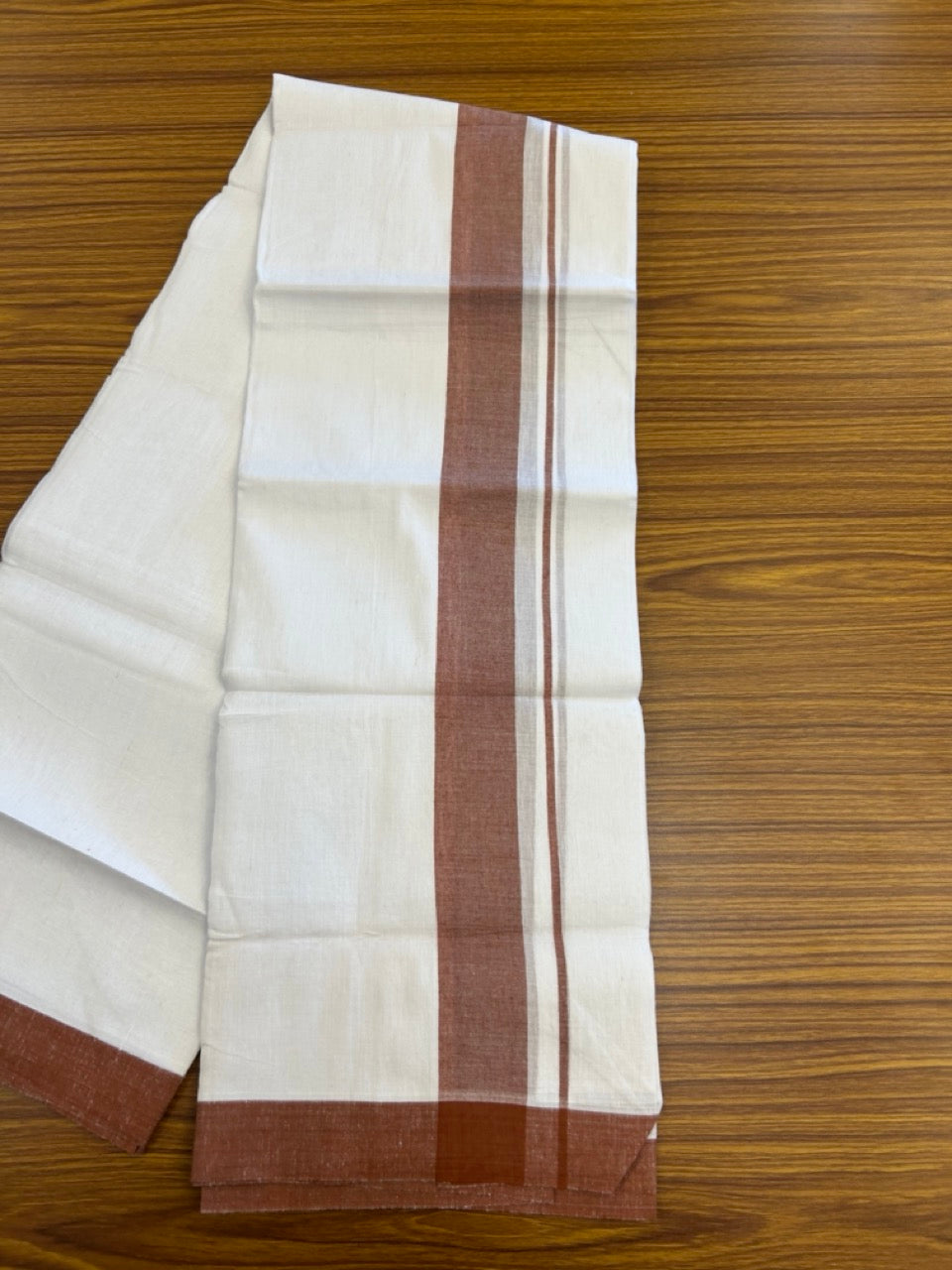 Linen Dhoti New! 20% Discount from Kaitharikada.com - Double Mundu/Dhoti 80x90 Thread Pure White - Pure Cotton + Linen - 1.75 Inch Brown Red Shaded Kara 4 mtr (8.5 muzham) - 17 KK5299 THI