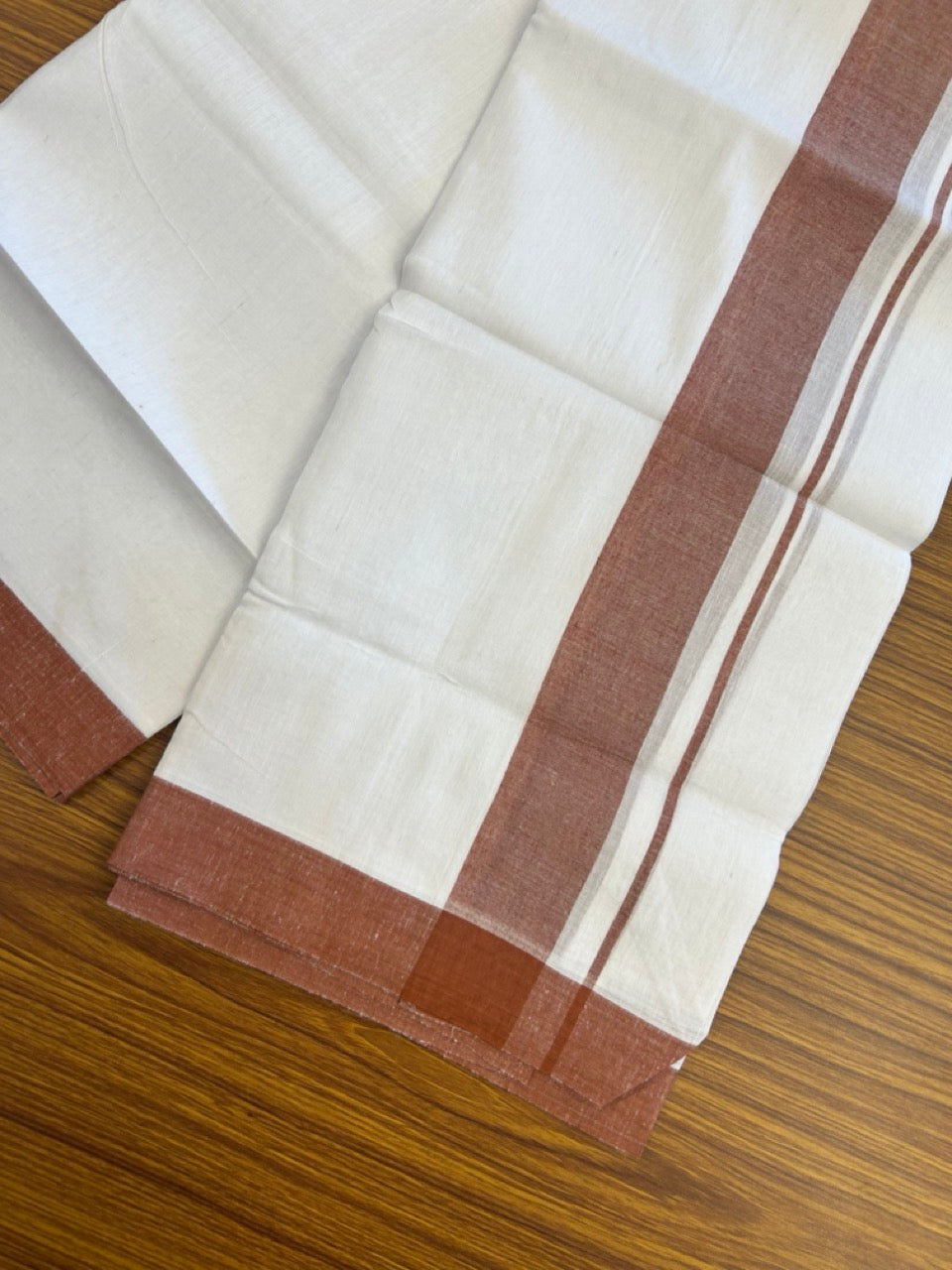 Linen Dhoti New! 20% Discount from Kaitharikada.com - Double Mundu/Dhoti 80x90 Thread Pure White - Pure Cotton + Linen - 1.75 Inch Brown Red Shaded Kara 4 mtr (8.5 muzham) - 17 KK5299 THI