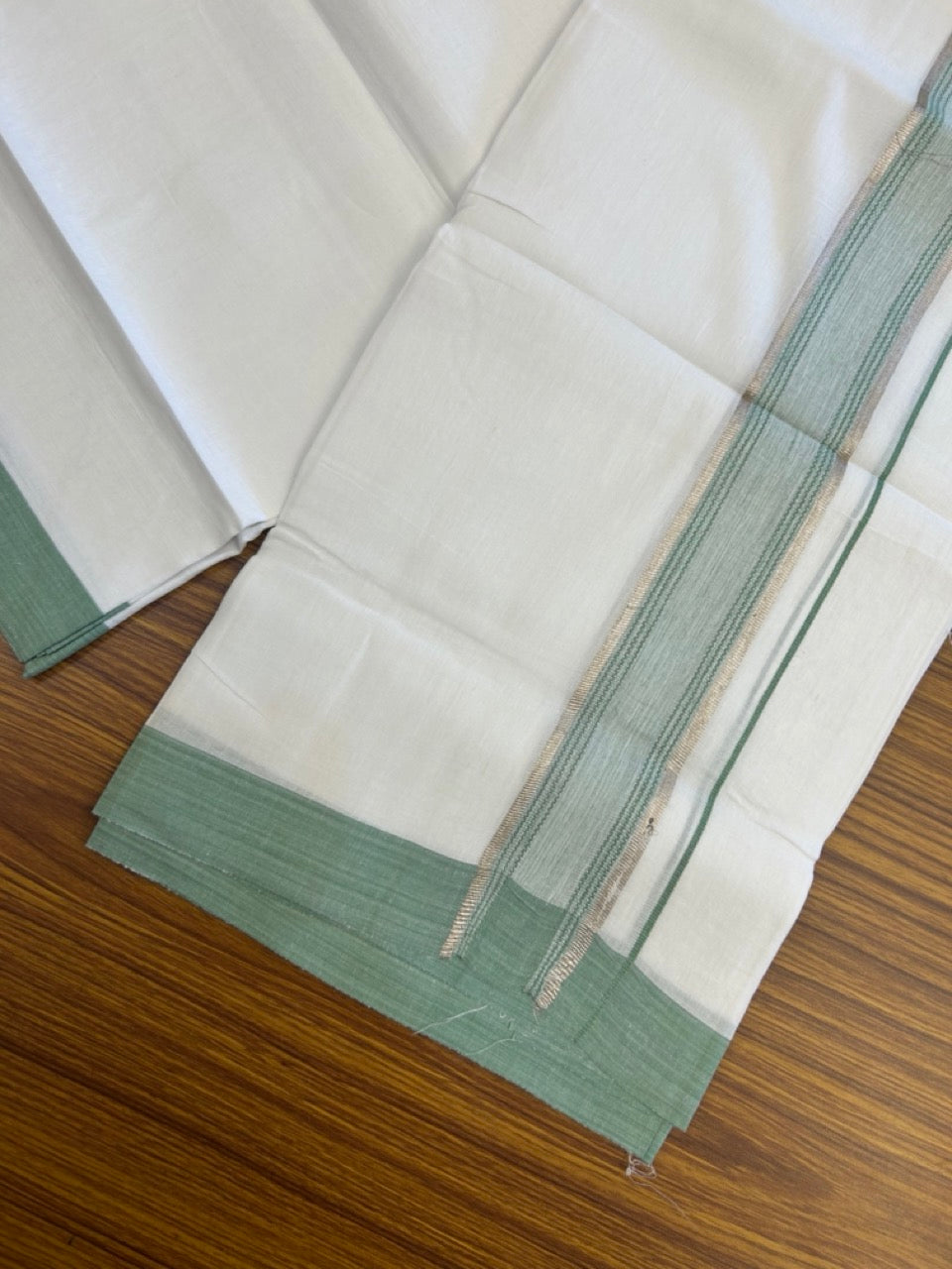 Linen Dhoti New! 20% Discount from Kaitharikada.com - Double Mundu/Dhoti 80x90 Thread Pure White - Pure Cotton + Linen - 1.75 Inch Light Green & Silver Kasav Striped Kara 4 mtr (8.5 muzham) - 13 KK5299 THI