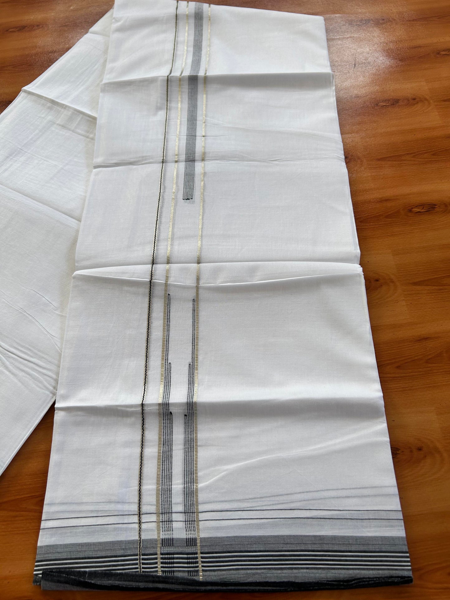 Pure white Double Mundu/Dhoti - 20% Discount! KaithariKada 100% Cotton - 100X80 - 1 inch Silver Kasav Ash Black Stripes Chutty Kara - 3.90 mtr (8.5 muzham) - 16 KK5448 VIN