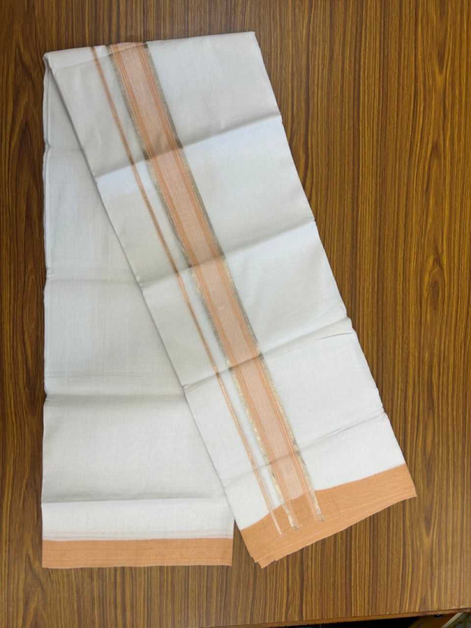 Linen Dhoti New! 20% Discount from Kaitharikada.com - Double Mundu/Dhoti 80x90 Thread Pure White - Pure Cotton + Linen - 1.75 Inch Light Orange & Silver Kasav Striped Kara 4 mtr (8.5 muzham) - 12 KK5299 THI