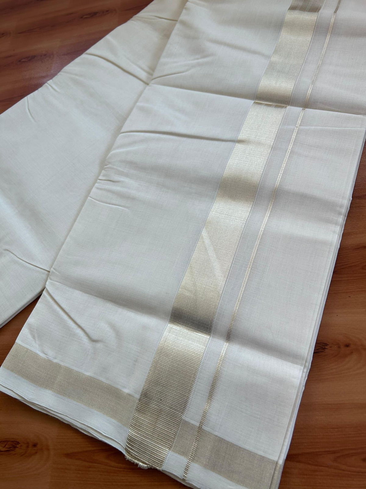 Off White (Unbleached) Double Mundu/Dhoti - 25% Discount! KaithariKada Handloom Millpaav - Kerala Handloom - 100% Pure Cotton - 80x90 - 1.5 inch Antique Light Gold Kasav striped Kara 4 Meters (8.5 Muzham) - 1 KK5512 RAM