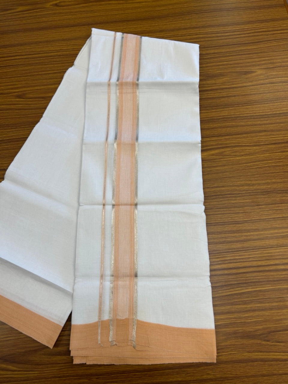 Linen Dhoti New! 20% Discount from Kaitharikada.com - Double Mundu/Dhoti 80x90 Thread Pure White - Pure Cotton + Linen - 1.75 Inch Light Orange & Silver Kasav Striped Kara 4 mtr (8.5 muzham) - 12 KK5299 THI