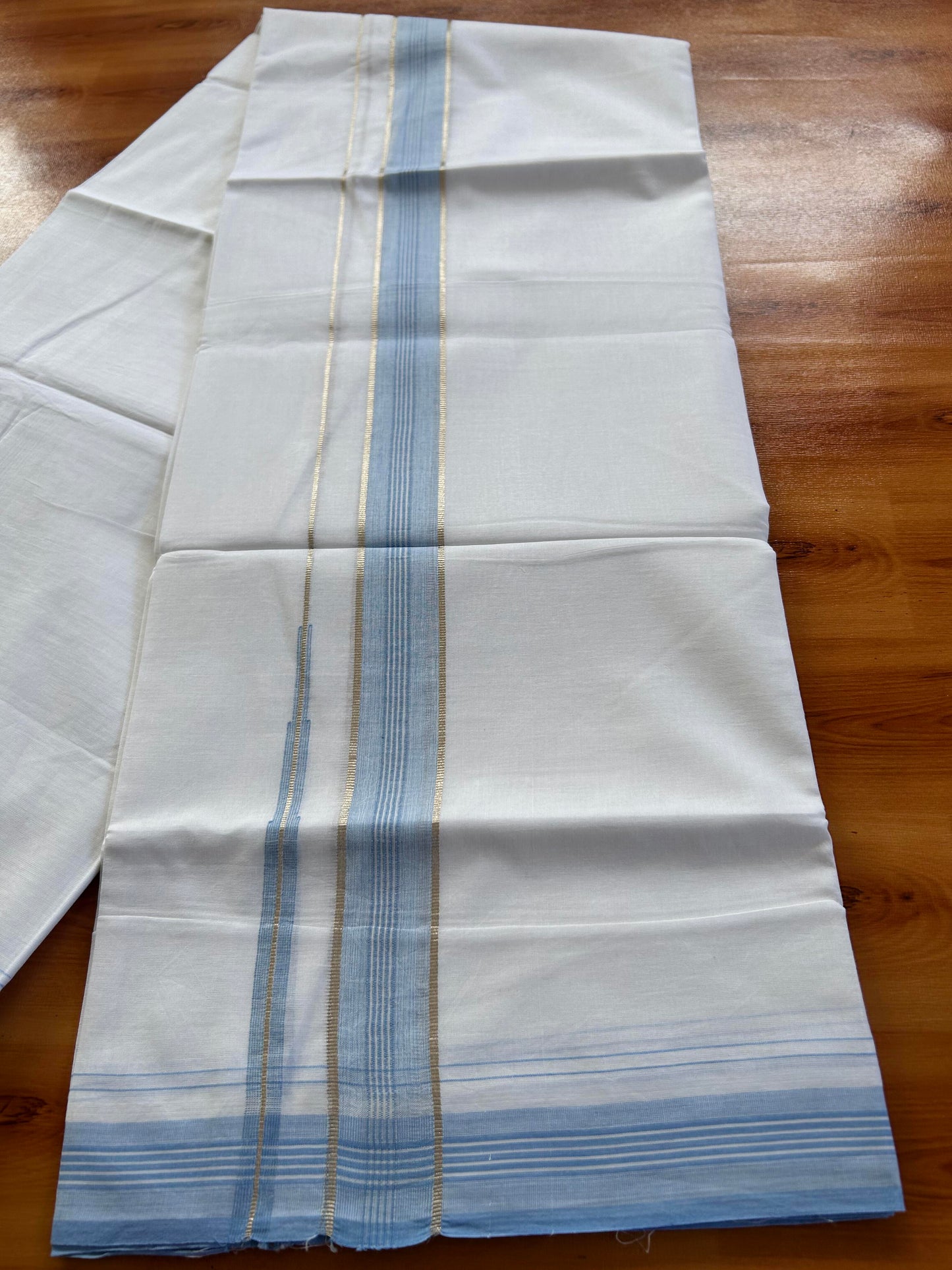 Pure white Double Mundu/Dhoti - 20% Discount! KaithariKada 100% Cotton - 100X80 - 1.25 inch Silver Kasav Light Sky Blue Shaded Stripes Chutty Kara - 3.90 mtr (8.5 muzham) - 17 KK5448 VIN