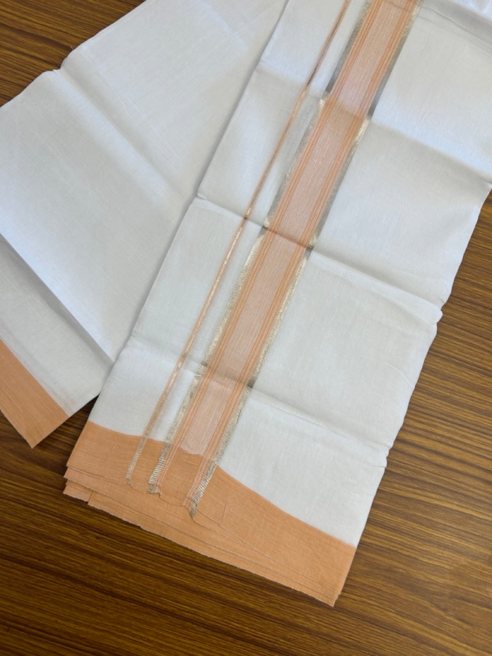 Linen Dhoti New! 20% Discount from Kaitharikada.com - Double Mundu/Dhoti 80x90 Thread Pure White - Pure Cotton + Linen - 1.75 Inch Light Orange & Silver Kasav Striped Kara 4 mtr (8.5 muzham) - 12 KK5299 THI