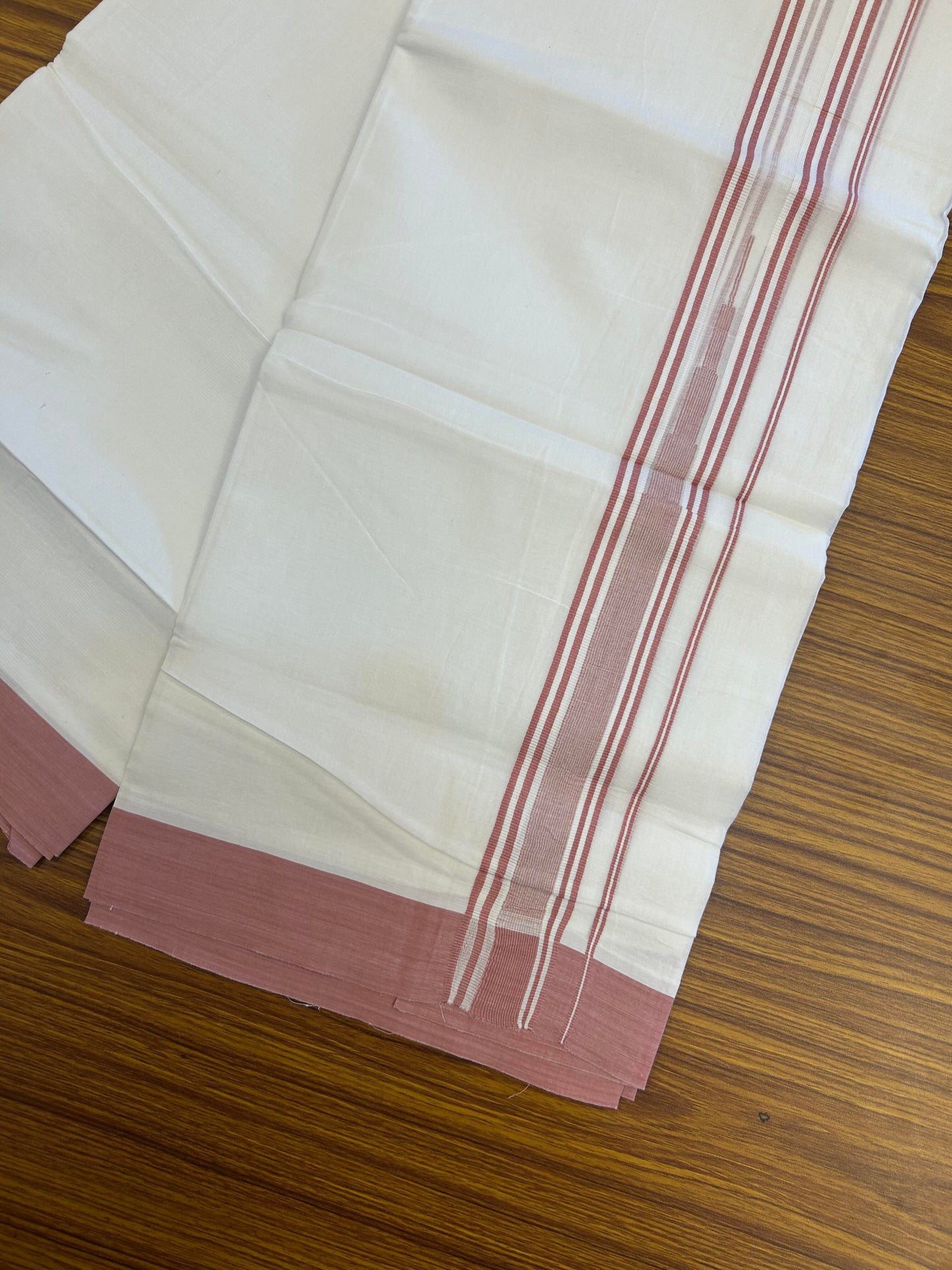 20% Discount ! Kaitharikada Balaramapuram 100% Pure Cotton Double Pure White Mundu/Dhoti - 100x80 - 1.5 inch Dusty Pink striped Temple chutty 3.90 mtr (8.5 muzham) - 101 KK5361 PMC