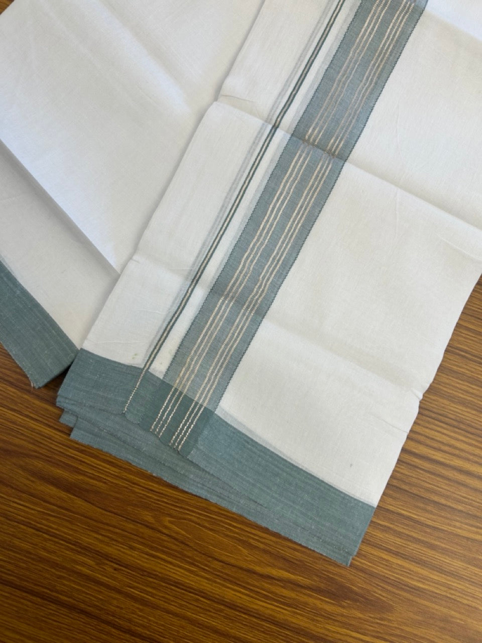 Linen Dhoti New! 20% Discount from Kaitharikada.com - Double Mundu/Dhoti 80x90 Thread Pure White - Pure Cotton + Linen - 1.75 Inch Light Sea Green & Silver Kasav Striped Kara 4 mtr (8.5 muzham) - 11 KK5299 THI