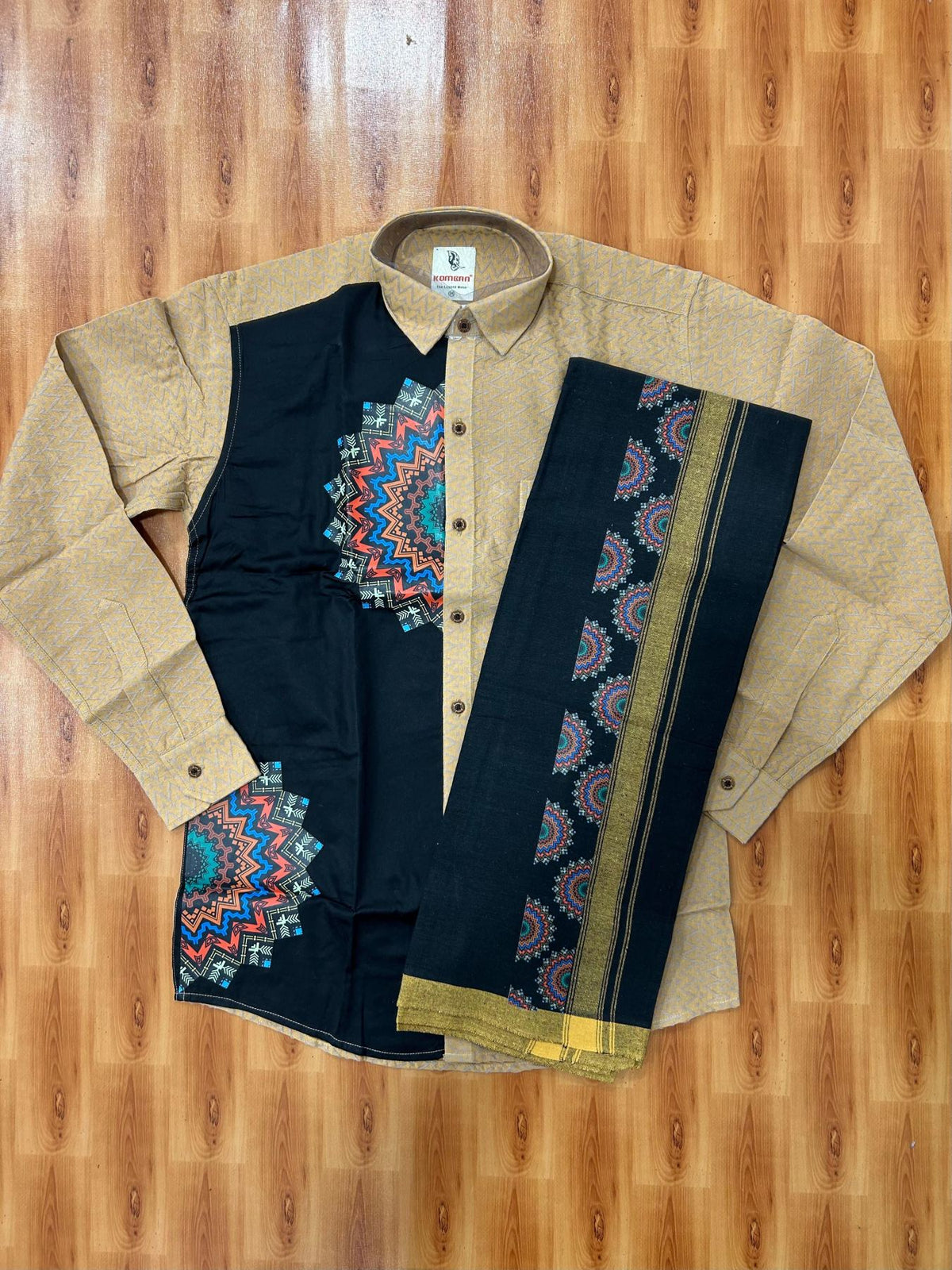 Combo Shirt Single Lungi - SIZE : M / 38 Full Sleeve - Mixed cotton - Brown Black Ash Pattern Shirt with 1 inch Sand Brown Kara & Printed Lungi - 3 KK7053 KUT