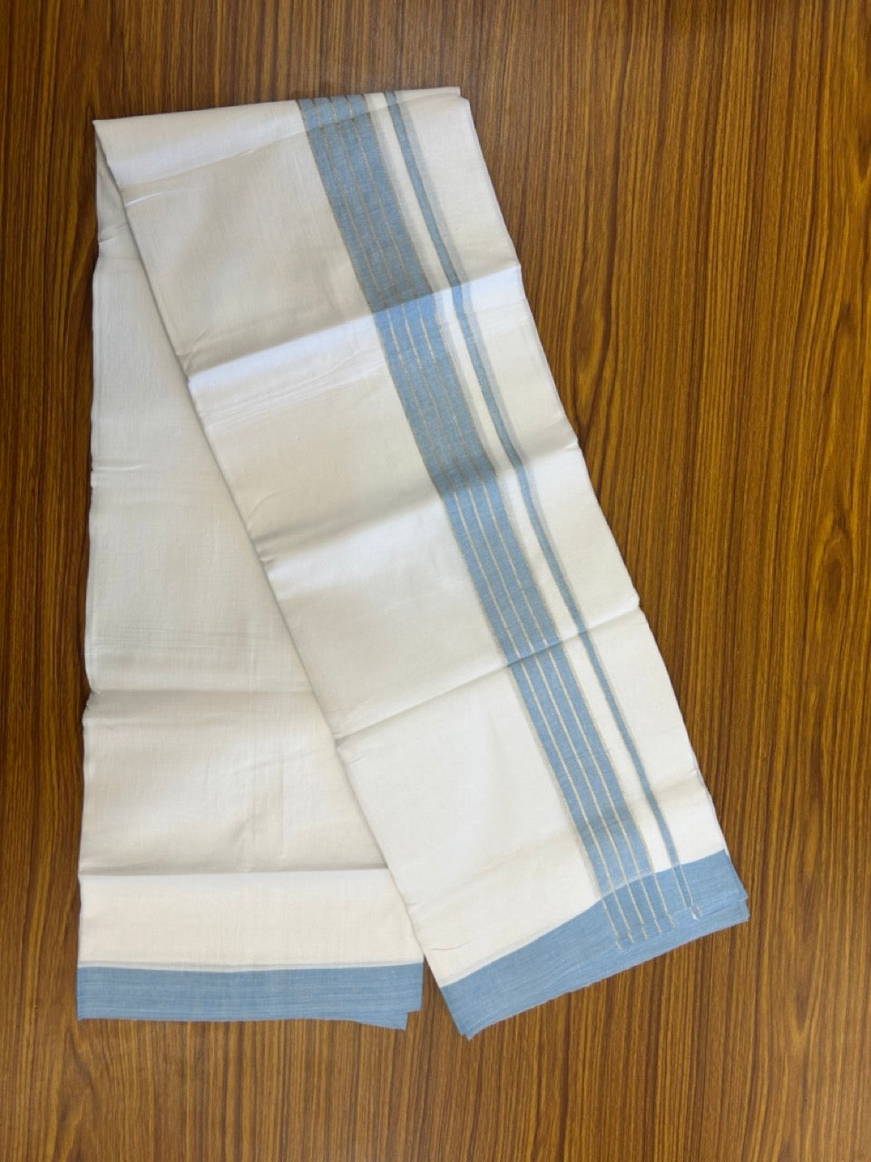 Linen Dhoti New! 20% Discount from Kaitharikada.com - Double Mundu/Dhoti 80x90 Thread Pure White - Pure Cotton + Linen - 1.75 Inch Light Blue & Silver kasav Striped Kara 4 mtr (8.5 muzham) - 6 KK5299 THI