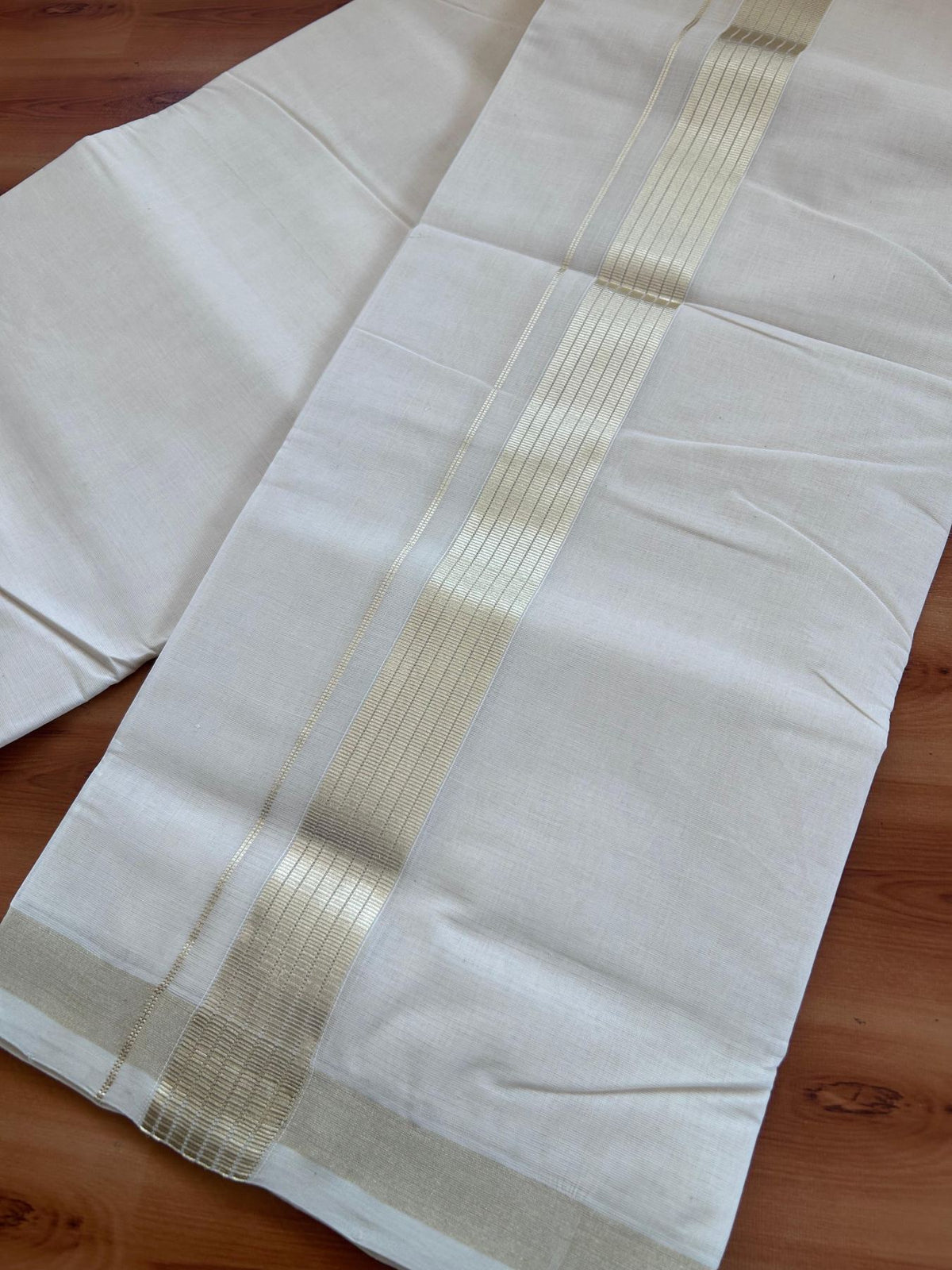Off White (Unbleached) Double Mundu/Dhoti - 25% Discount! KaithariKada Handloom Millpaav - Kerala Handloom - 100% Pure Cotton - 80x90 - 1.5 inch Antique Light Gold Kasav striped Kara 4 Meters (8.5 Muzham) - 3 KK5512 RAM