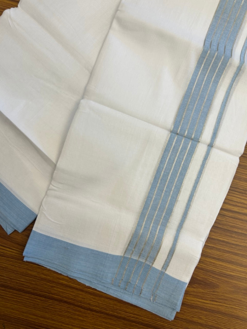Linen Dhoti New! 20% Discount from Kaitharikada.com - Double Mundu/Dhoti 80x90 Thread Pure White - Pure Cotton + Linen - 1.75 Inch Light Blue & Silver kasav Striped Kara 4 mtr (8.5 muzham) - 6 KK5299 THI