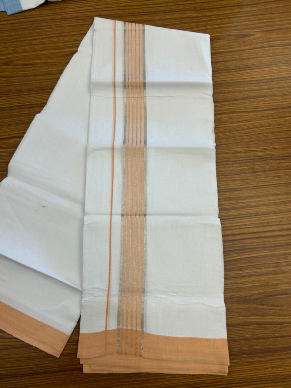 Linen Dhoti New! 20% Discount from Kaitharikada.com - Double Mundu/Dhoti 80x90 Thread Pure White - Pure Cotton + Linen - 1.75 Inch Peach Orange & Silver kasav Striped Kara 4 mtr (8.5 muzham) - 8 KK5299 THI