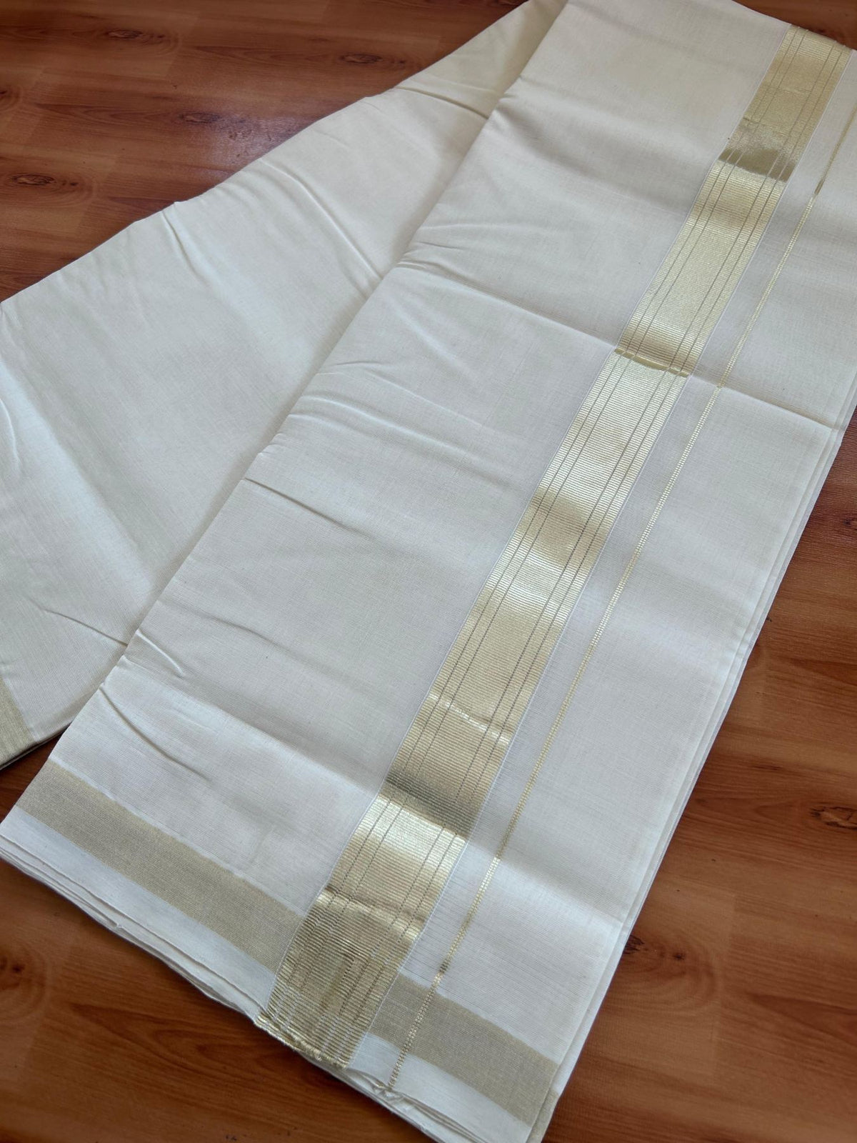 Off White (Unbleached) Double Mundu/Dhoti - 25% Discount! KaithariKada Handloom Millpaav - Kerala Handloom - 100% Pure Cotton - 80x90 - 1.5 inch Antique Light Gold Kasav striped Kara 4 Meters (8.5 Muzham) - 4 KK5512 RAM