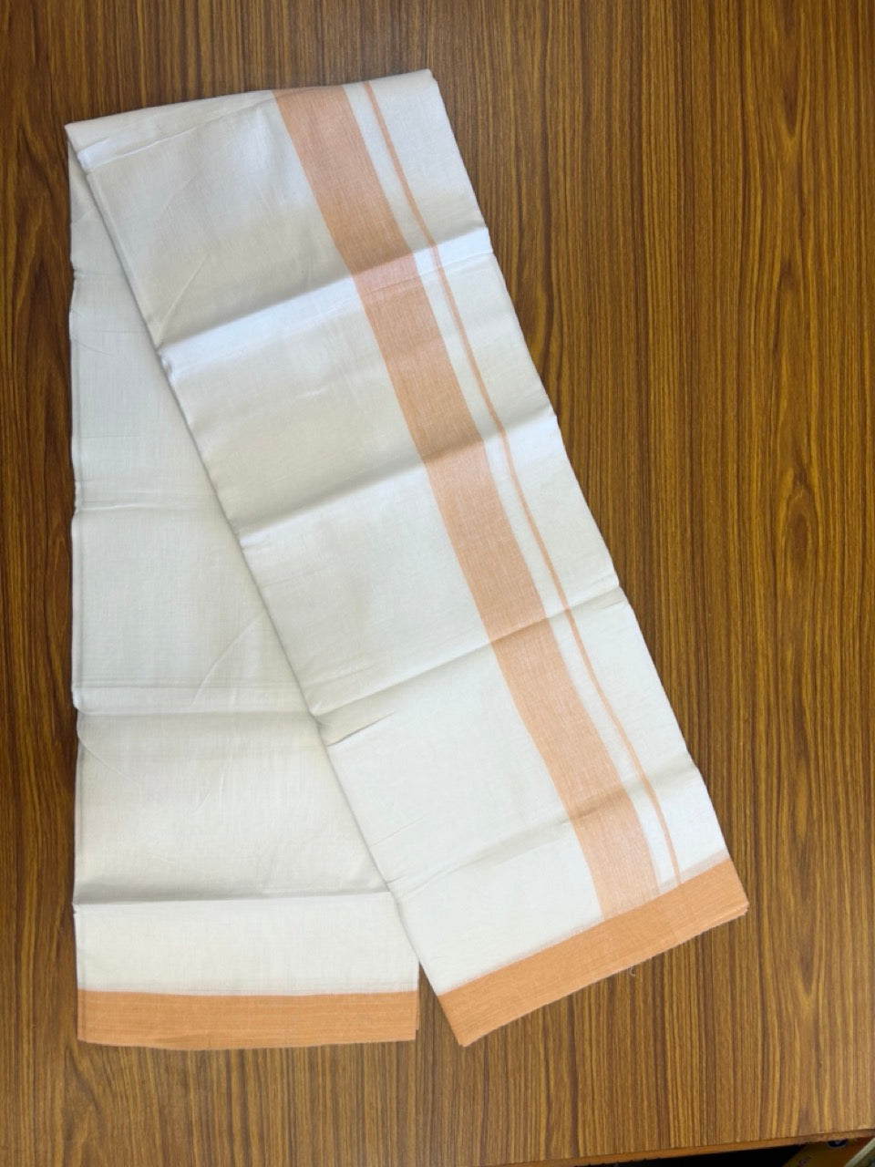 Linen Dhoti New! 20% Discount from Kaitharikada.com - Double Mundu/Dhoti 80x90 Thread Pure White - Pure Cotton + Linen - 1.75 Inch Peach Oange Shaded Kara 4 mtr (8.5 muzham) - 15 KK5299 THI
