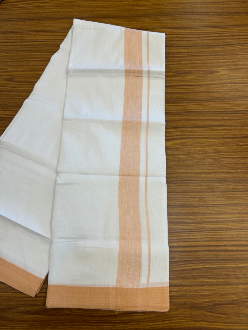 Linen Dhoti New! 20% Discount from Kaitharikada.com - Double Mundu/Dhoti 80x90 Thread Pure White - Pure Cotton + Linen - 1.75 Inch Peach Oange Shaded Kara 4 mtr (8.5 muzham) - 15 KK5299 THI
