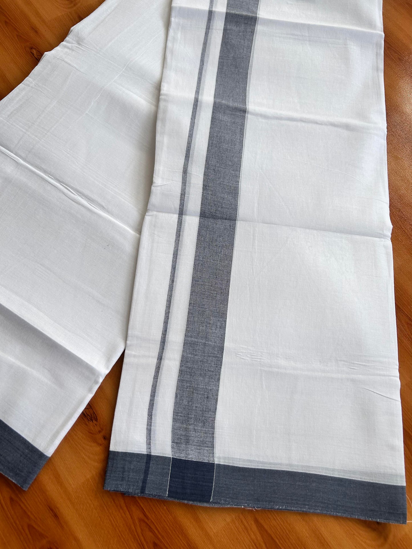 Double Pure White Mundu/Dhoti- 20% Discount ! Kaitharikada Balaramapuram 100% Pure Cotton - 100x80 - 1.25 Inch Denim Blue Shaded Kara 3.90 mtr (8 muzham) - 49 KK5444 VIN