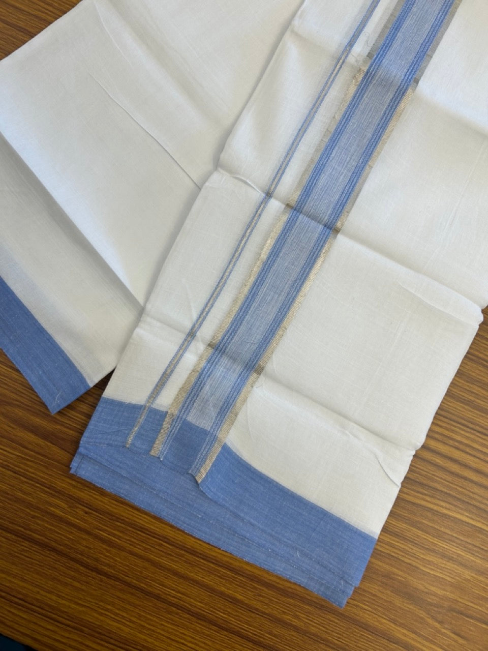 Linen Dhoti New! 20% Discount from Kaitharikada.com - Double Mundu/Dhoti 80x90 Thread Pure White - Pure Cotton + Linen - 1.75 Inch Blue & Silver Kasav Striped Kara 4 mtr (8.5 muzham) - 10 KK5299 THI