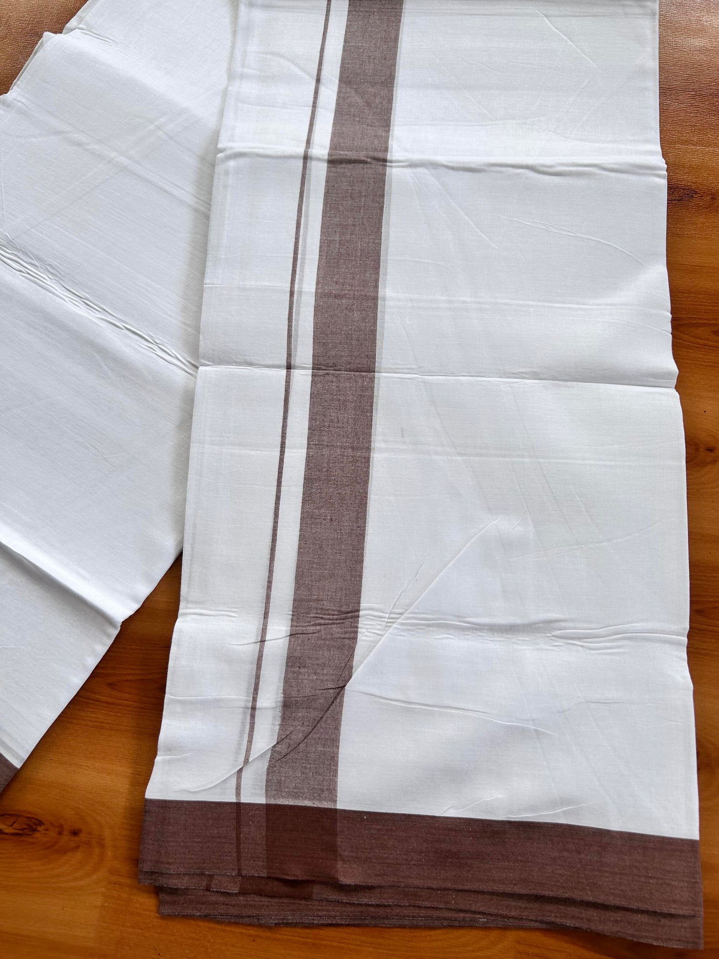 Double Pure White Mundu/Dhoti- 20% Discount ! Kaitharikada Balaramapuram 100% Pure Cotton - 100x80 - 1.25 Inch Chocolate Brown Shaded Kara 3.90 mtr (8 muzham) - 40 KK5444 VIN
