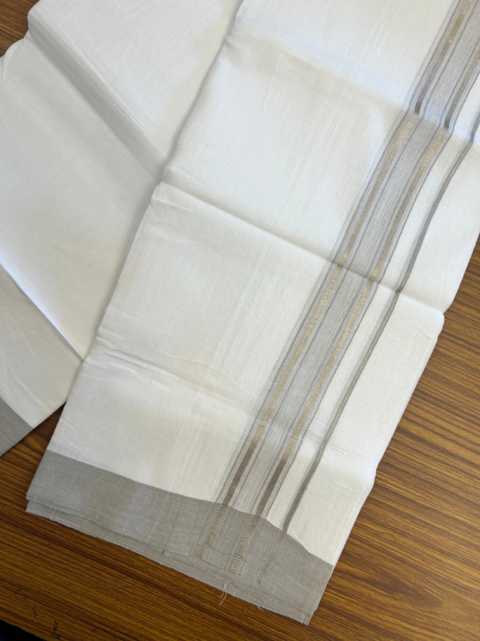 Linen Dhoti New! 20% Discount from Kaitharikada.com - Double Mundu/Dhoti 80x90 Thread Pure White - Pure Cotton + Linen - 1.75 Inch Grey & Silver Kasav Striped Kara 4 mtr (8.5 muzham) - 9 KK5299 THI