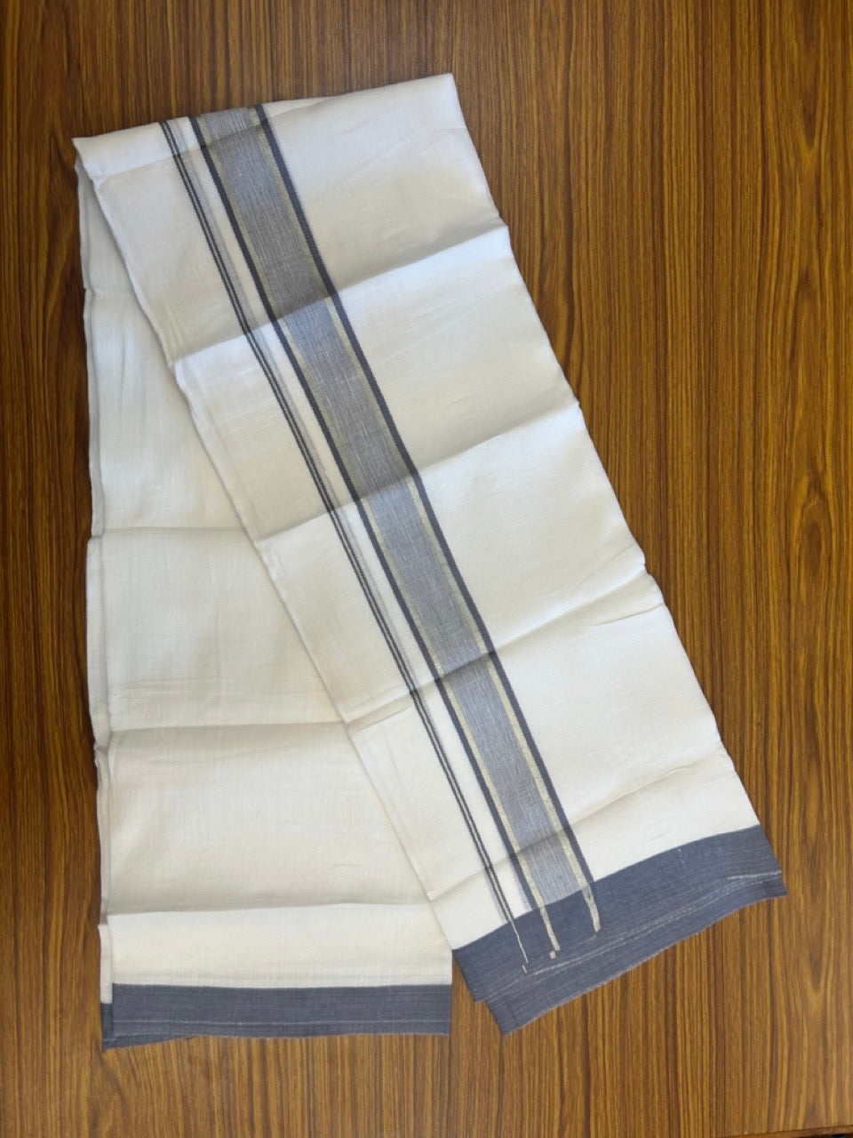 Linen Dhoti New! 20% Discount from Kaitharikada.com - Double Mundu/Dhoti 80x90 Thread Pure White - Pure Cotton + Linen - 1.75 Inch Purple Ash & Silver kasav Striped Kara 4 mtr (8.5 muzham) - 3 KK5299 THI
