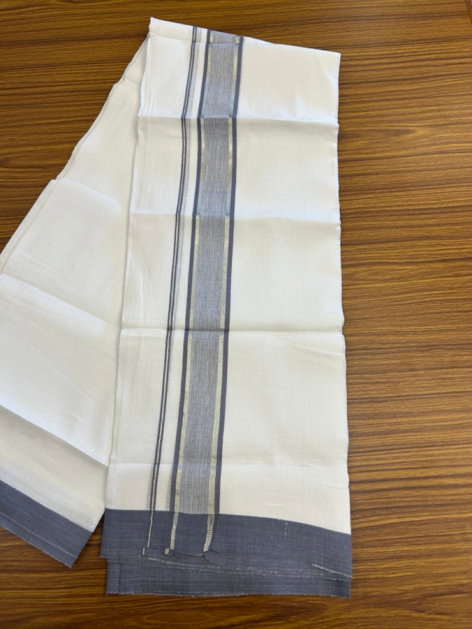 Linen Dhoti New! 20% Discount from Kaitharikada.com - Double Mundu/Dhoti 80x90 Thread Pure White - Pure Cotton + Linen - 1.75 Inch Purple Ash & Silver kasav Striped Kara 4 mtr (8.5 muzham) - 3 KK5299 THI