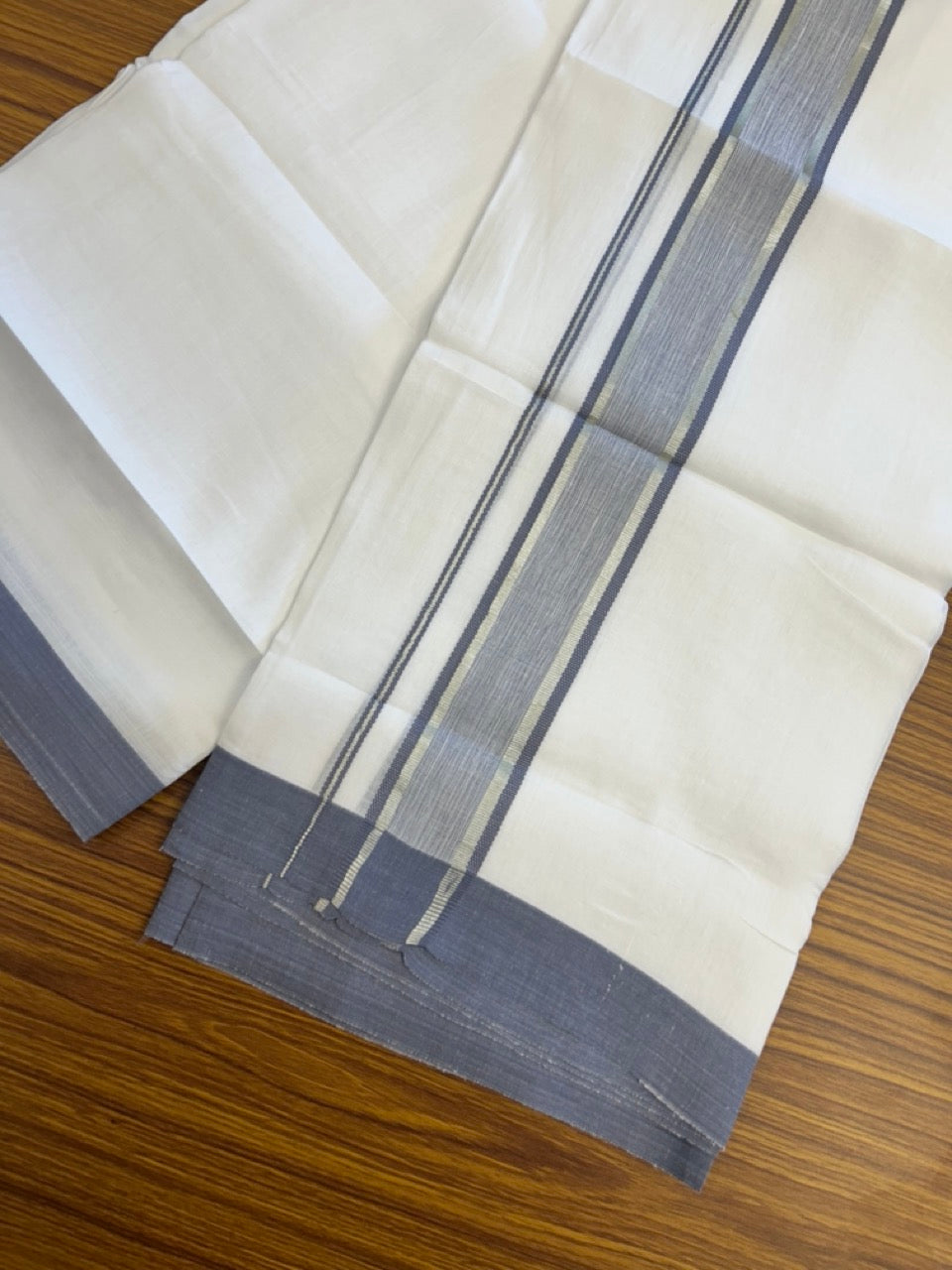 Linen Dhoti New! 20% Discount from Kaitharikada.com - Double Mundu/Dhoti 80x90 Thread Pure White - Pure Cotton + Linen - 1.75 Inch Purple Ash & Silver kasav Striped Kara 4 mtr (8.5 muzham) - 3 KK5299 THI