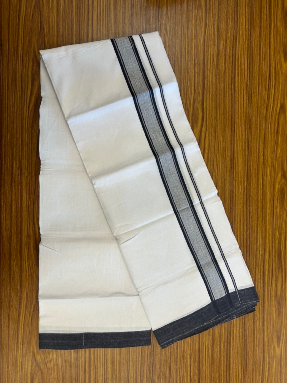 Linen Dhoti New! 20% Discount from Kaitharikada.com - Double Mundu/Dhoti 80x90 Thread Pure White - Pure Cotton + Linen - 1.75 Inch Black Stripes Shaded Kara 4 mtr (8.5 muzham) - 18 KK5299 THI