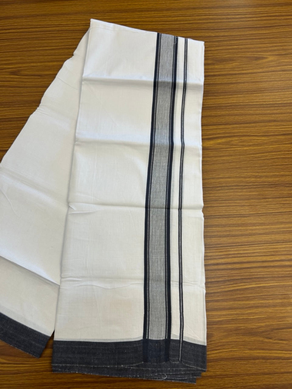 Linen Dhoti New! 20% Discount from Kaitharikada.com - Double Mundu/Dhoti 80x90 Thread Pure White - Pure Cotton + Linen - 1.75 Inch Black Stripes Shaded Kara 4 mtr (8.5 muzham) - 18 KK5299 THI