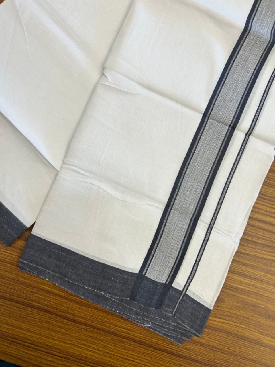 Linen Dhoti New! 20% Discount from Kaitharikada.com - Double Mundu/Dhoti 80x90 Thread Pure White - Pure Cotton + Linen - 1.75 Inch Black Stripes Shaded Kara 4 mtr (8.5 muzham) - 18 KK5299 THI