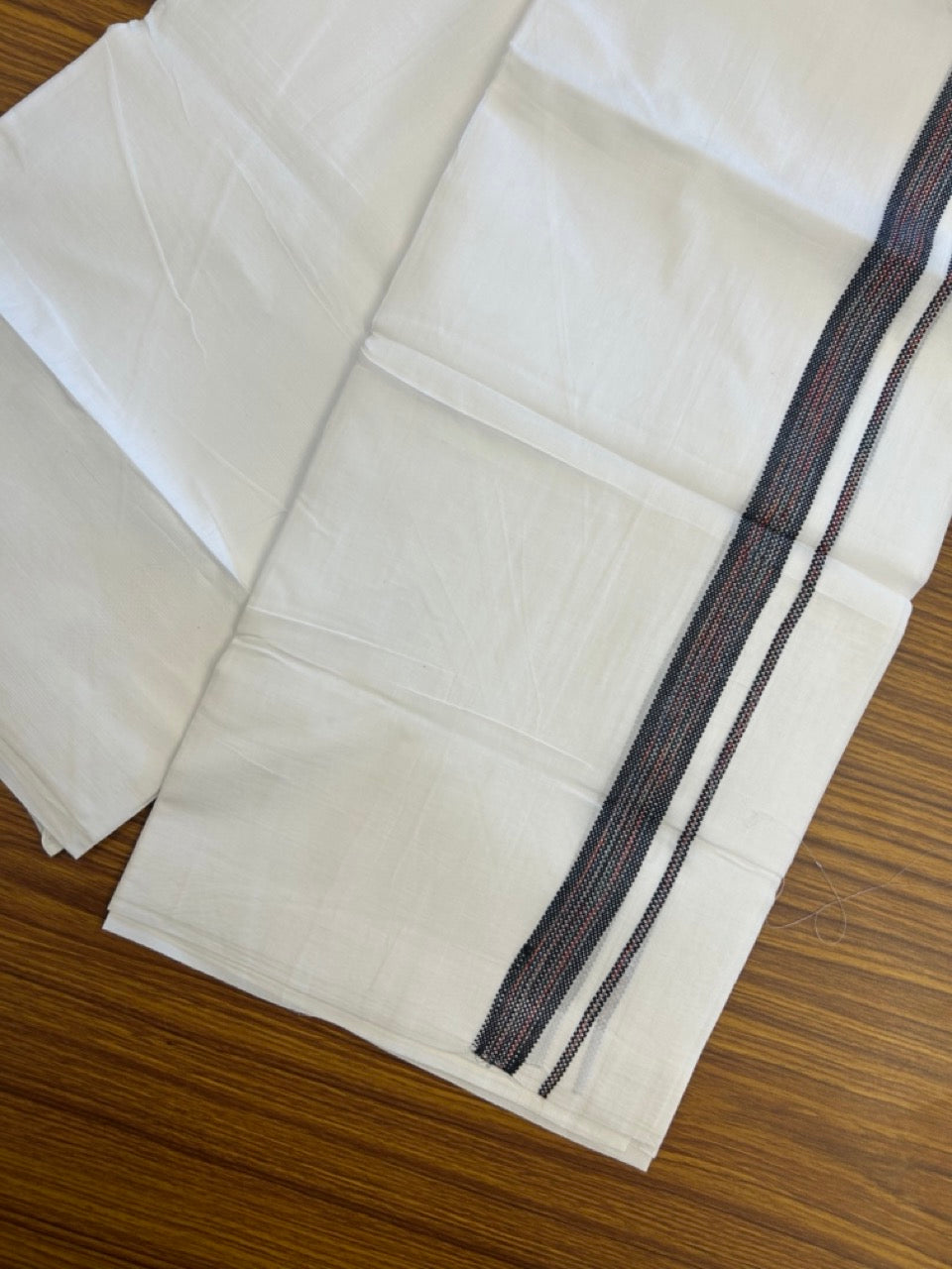 20% Discount ! Kaitharikada Balaramapuram 100% Cotton Pure White Rainbow Double Mundu/Dothi - 100x80 - 0.75 inch Black & Multi colour Kara 3.80 mtr (8 muzham) - 36 KK5299 THI