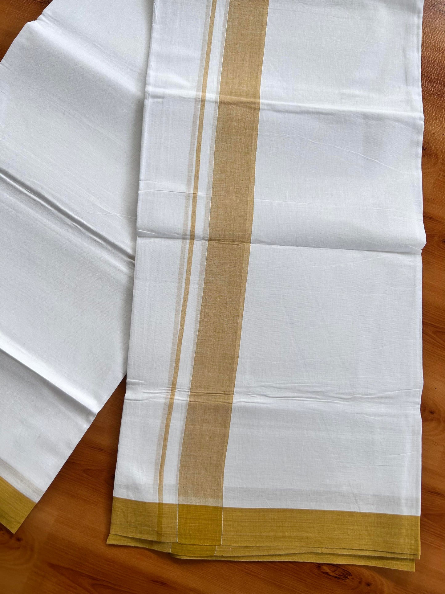 Double Pure White Mundu/Dhoti- 20% Discount ! Kaitharikada Balaramapuram 100% Pure Cotton - 100x80 - 1.25 Inch Yellow Shaded Kara 3.90 mtr (8 muzham) - 42 KK5444 VIN