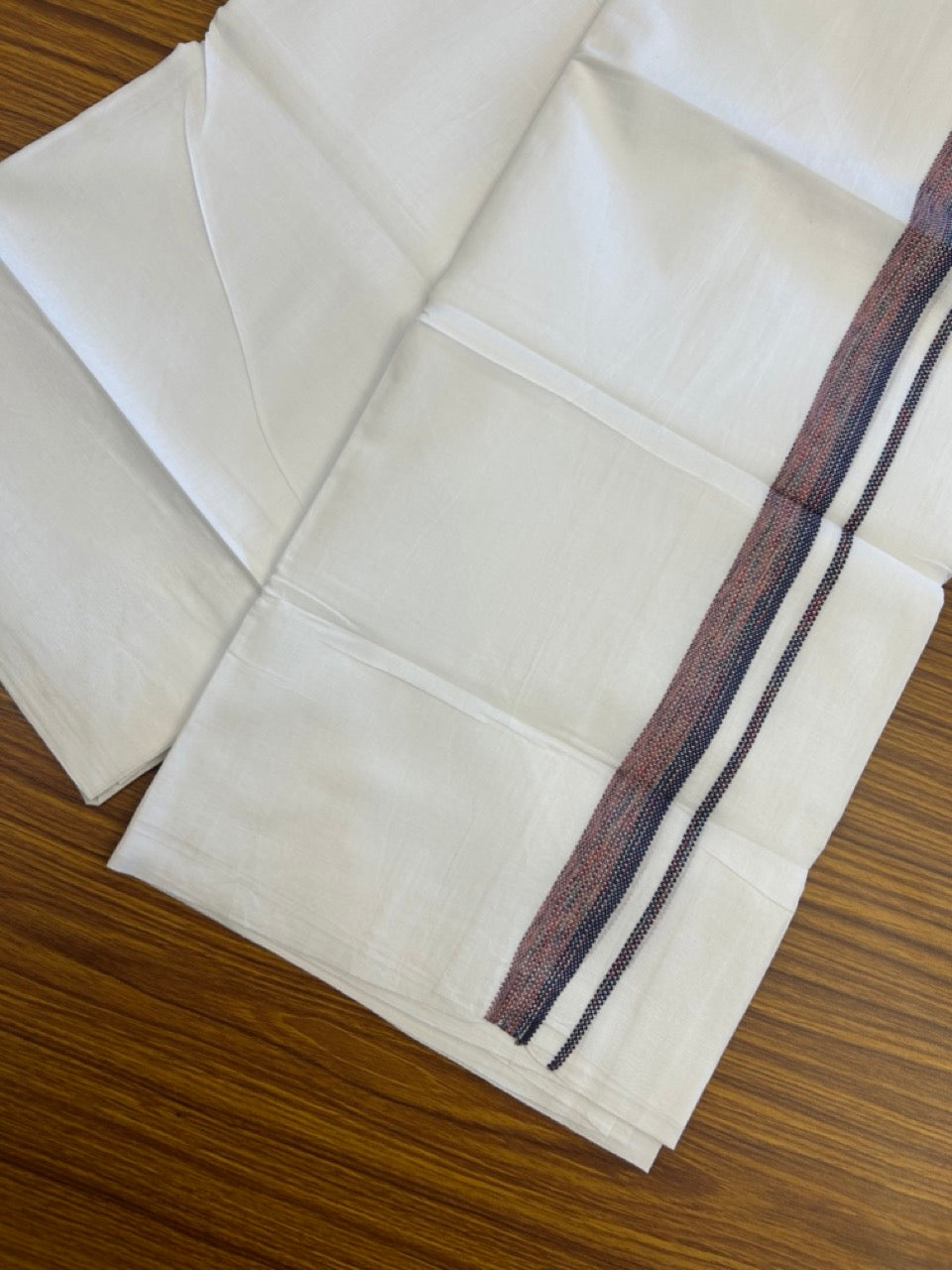 20% Discount ! Kaitharikada Balaramapuram 100% Cotton Pure White Double Rainbow Mundu/Dothi - 100x80 - 0.75 inch Navy Blue & Dusty Rose Kara 3.80 mtr (8 muzham) - 23 KK5299 THI
