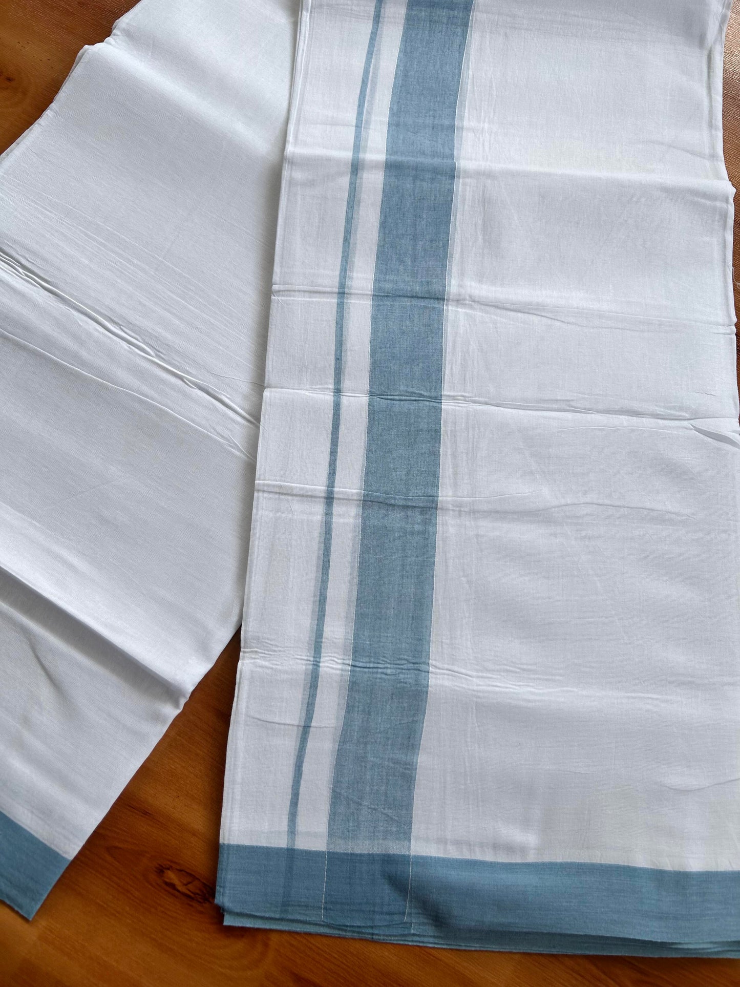 Double Pure White Mundu/Dhoti- 20% Discount ! Kaitharikada Balaramapuram 100% Pure Cotton - 100x80 - 1.25 Inch Light Blue Shaded Kara 3.90 mtr (8 muzham) - 46 KK5444 VIN