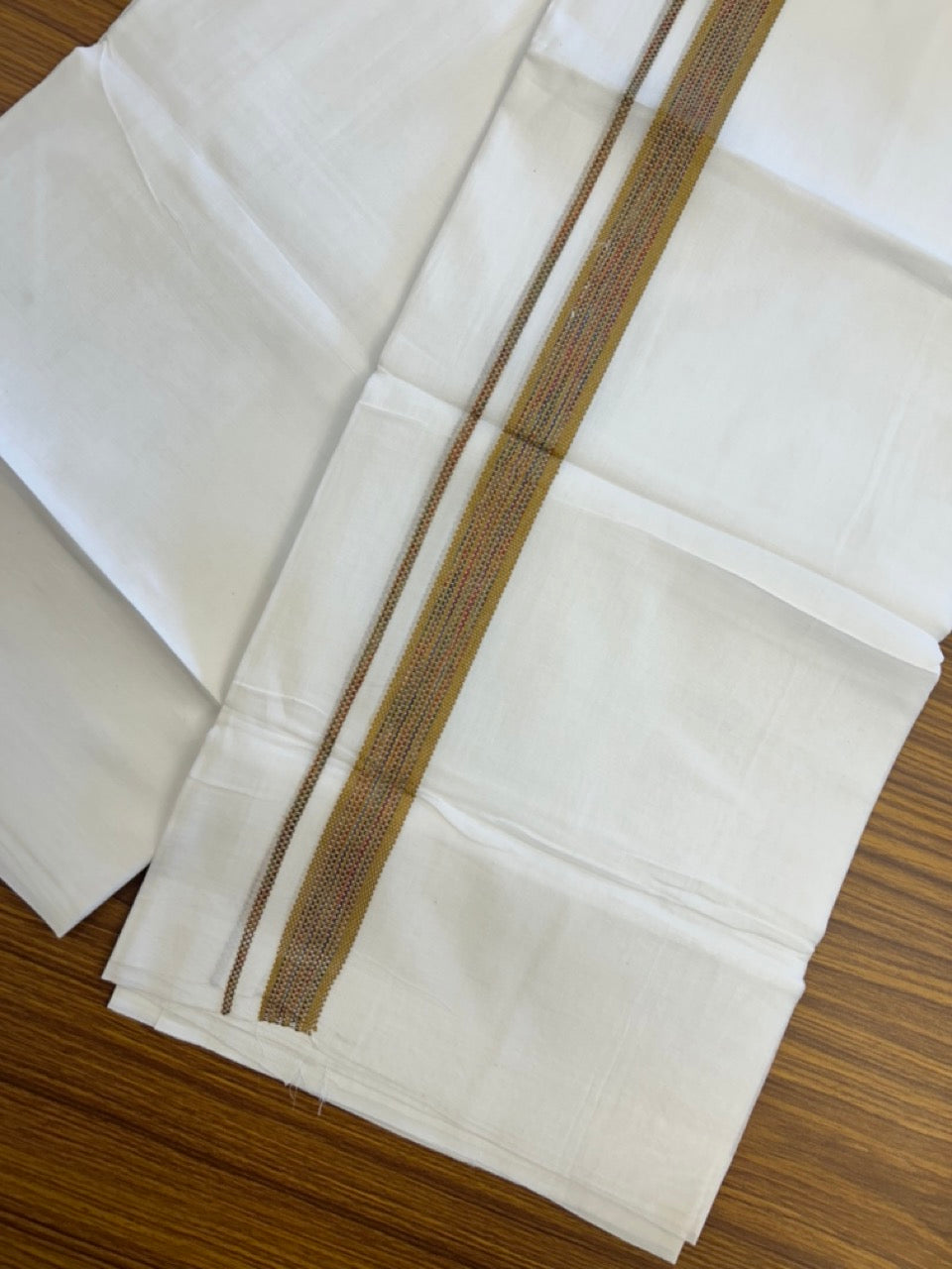 20% Discount ! Kaitharikada Balaramapuram 100% Cotton Pure White Rainbow Double Mundu/Dothi - 100x80 - 0.75 inch Yellowish Brown & Multi colour Kara 3.80 mtr (8 muzham) - 40 KK5299 THI