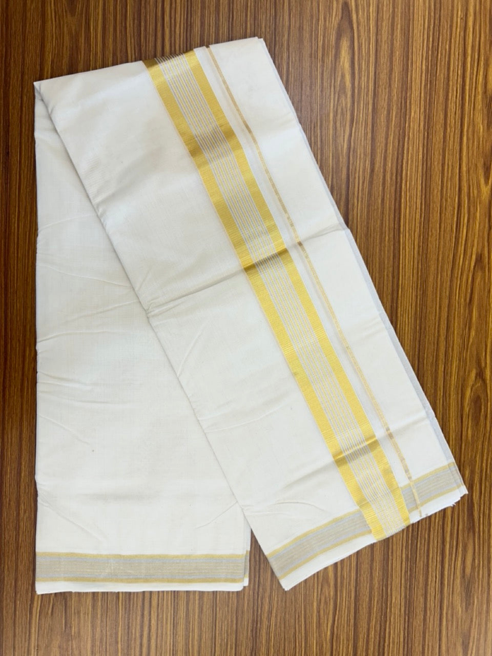 25% DISCOUNT ! KaithariKada HANDLOOM MILLPAAV Balaramapuram - 100% PURE Cotton Off White - (Unbleached) Double Mundu/Dhoti - 80X90 - 2.25 inch Gold Kasavu & Silver Kasavu Stripes Kara 4 mtr (8.5 muzham)- 28KK5234 RAM