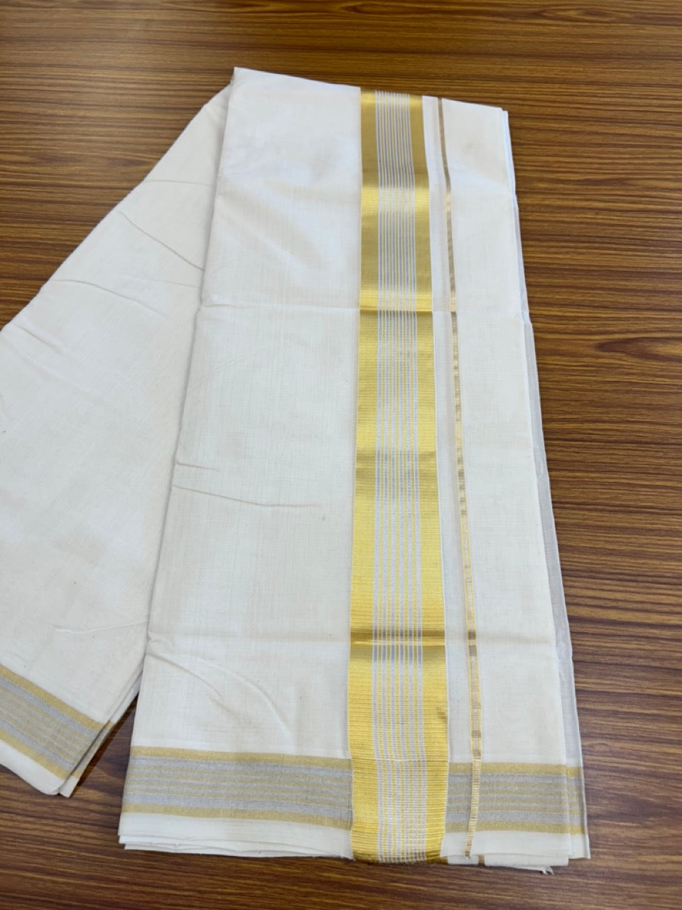 25% DISCOUNT ! KaithariKada HANDLOOM MILLPAAV Balaramapuram - 100% PURE Cotton Off White - (Unbleached) Double Mundu/Dhoti - 80X90 - 2.25 inch Gold Kasavu & Silver Kasavu Stripes Kara 4 mtr (8.5 muzham)- 28KK5234 RAM