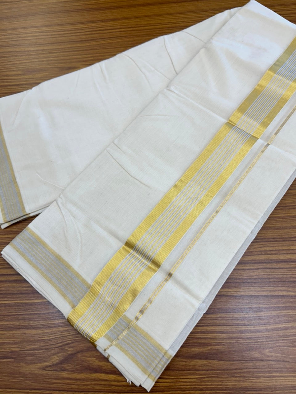 25% DISCOUNT ! KaithariKada HANDLOOM MILLPAAV Balaramapuram - 100% PURE Cotton Off White - (Unbleached) Double Mundu/Dhoti - 80X90 - 2.25 inch Gold Kasavu & Silver Kasavu Stripes Kara 4 mtr (8.5 muzham)- 28KK5234 RAM
